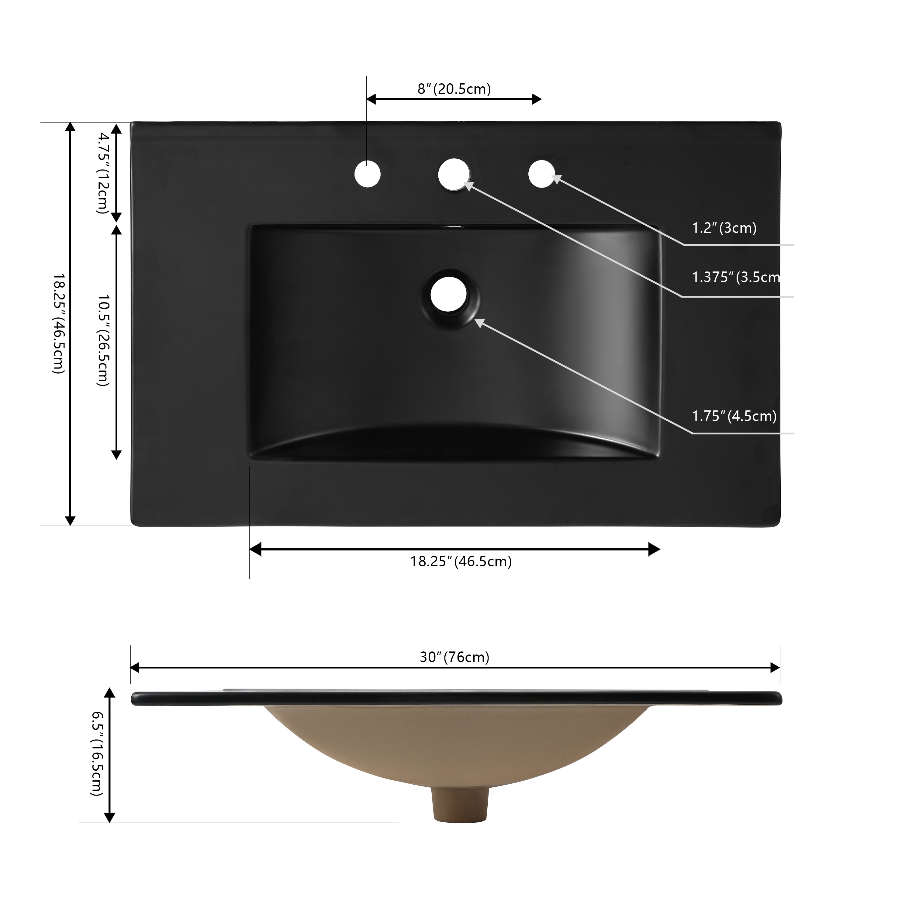 Ancillary 30" Black Ceramic Rectangular Single Sink Vanity Top