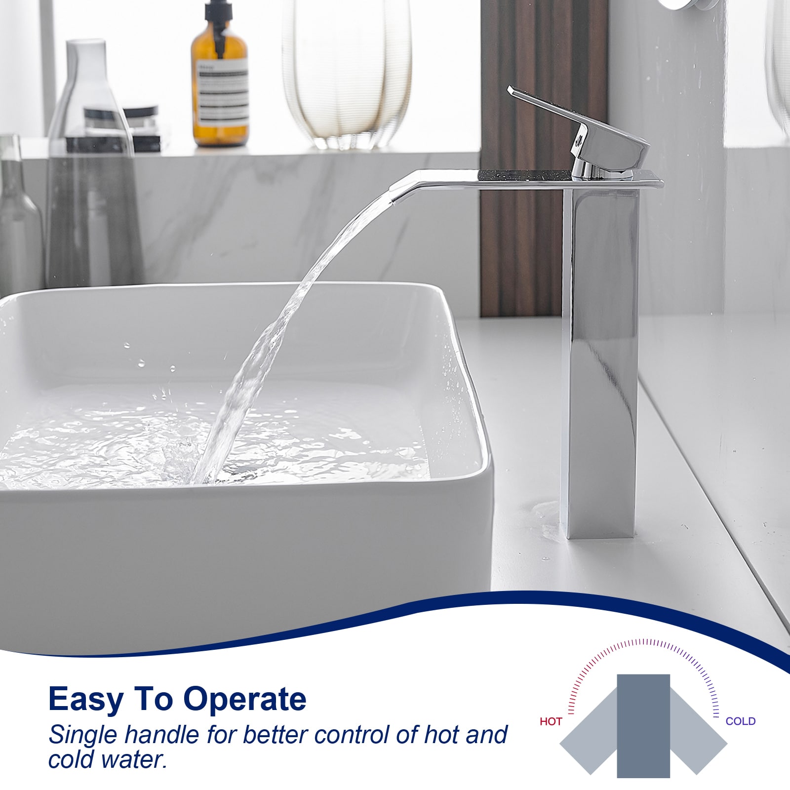 Polished Chrome Waterfall Vessel Sink Faucet with Pop-Up Drain