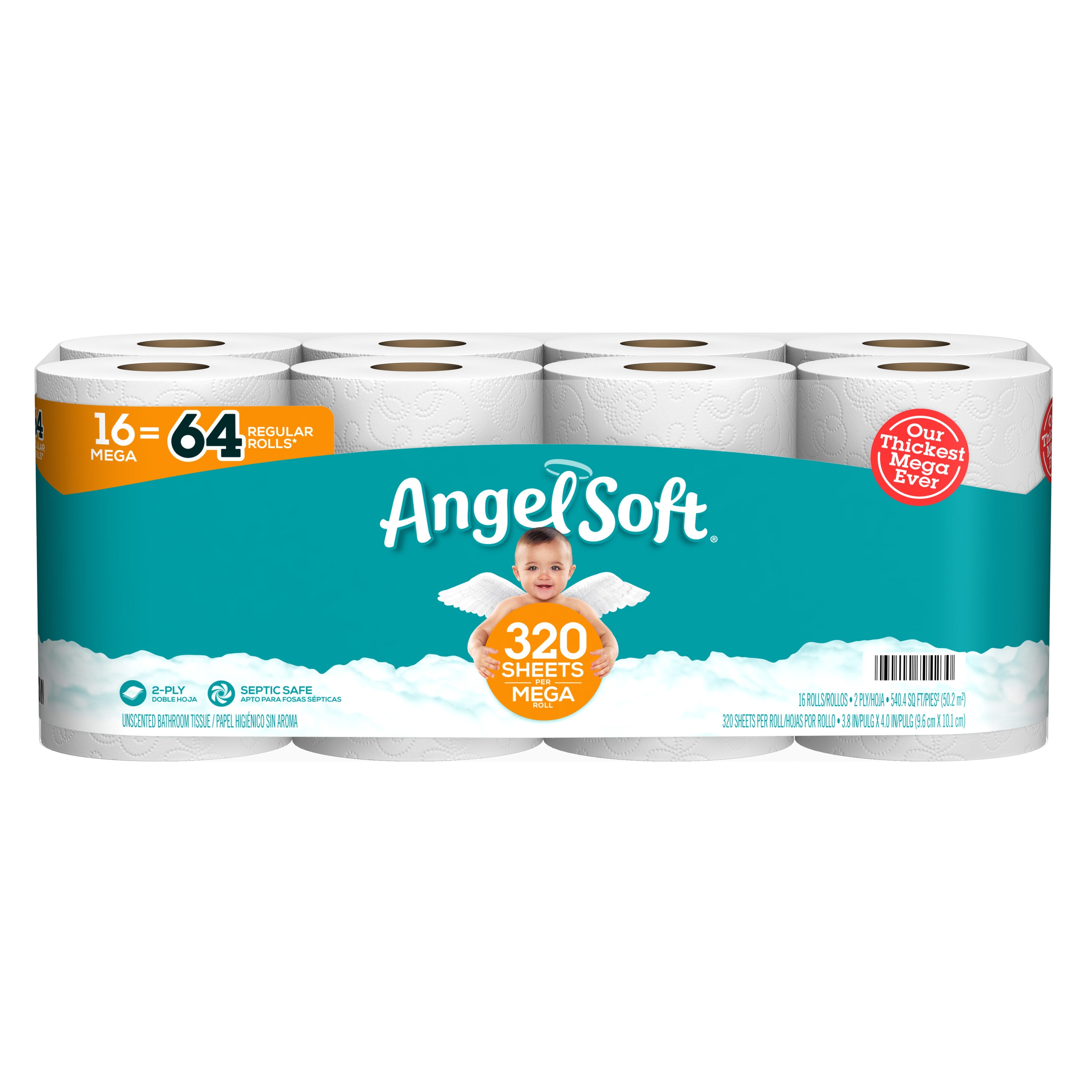 Angel Soft® Toilet Paper, 8 Mega Rolls = 32 Regular Rolls, 2-Ply Bath  Tissue, 320 Sheets per Roll, 8 Count, White