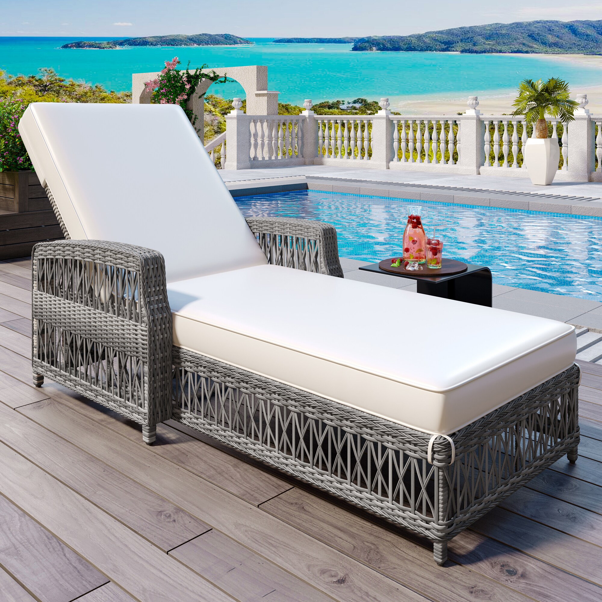 Bayfeve BFG-48779A-OD All Weather Rattan Pool Lounge Rattan Gray Rattan Frame Stationary Chaise Lounge Chair with Beige Cushioned Seat