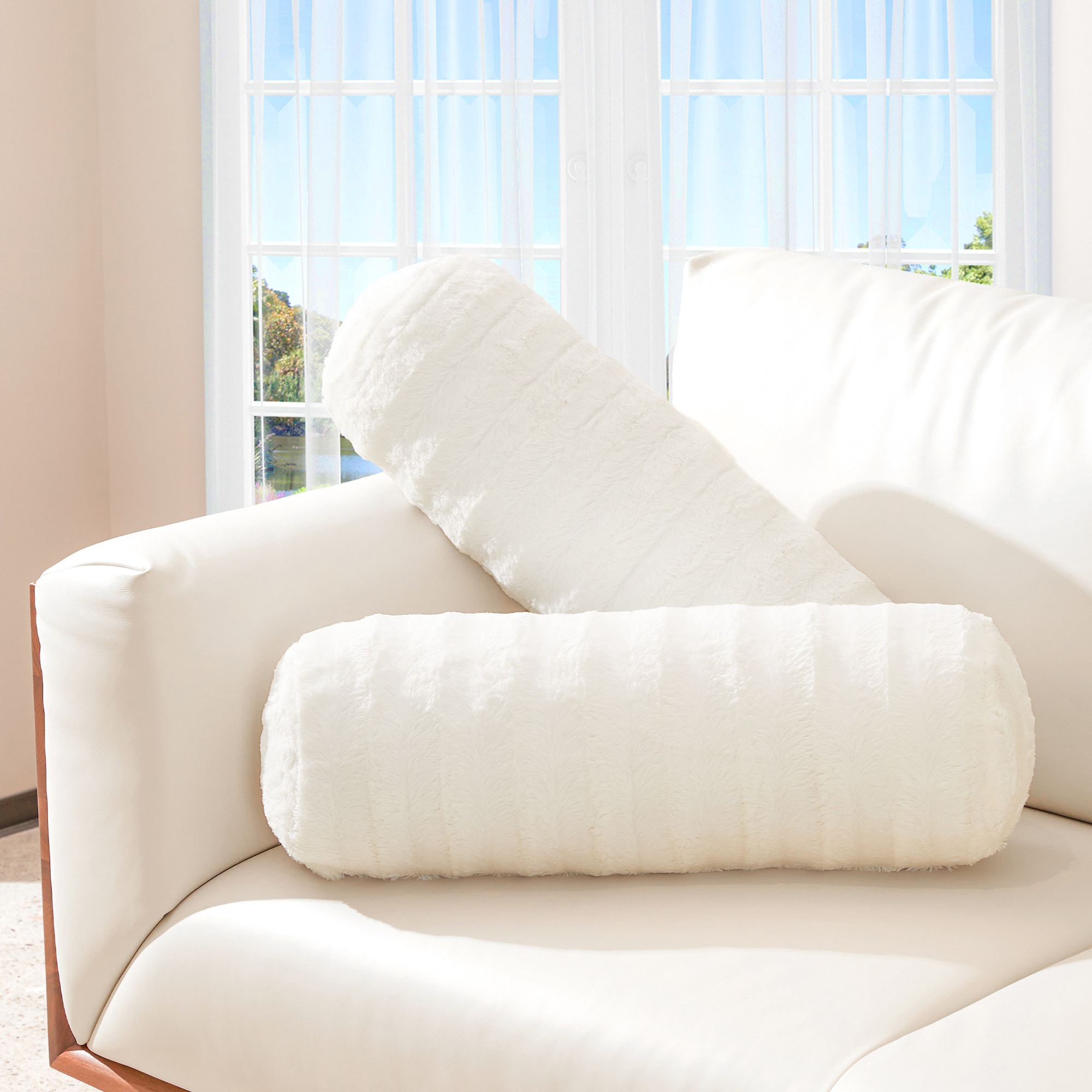 Cheer Collection  Set of 2 Faux Fur Bolster Pillows with Removable Covers 8 x 24 Inches Decorative Throw Pillows