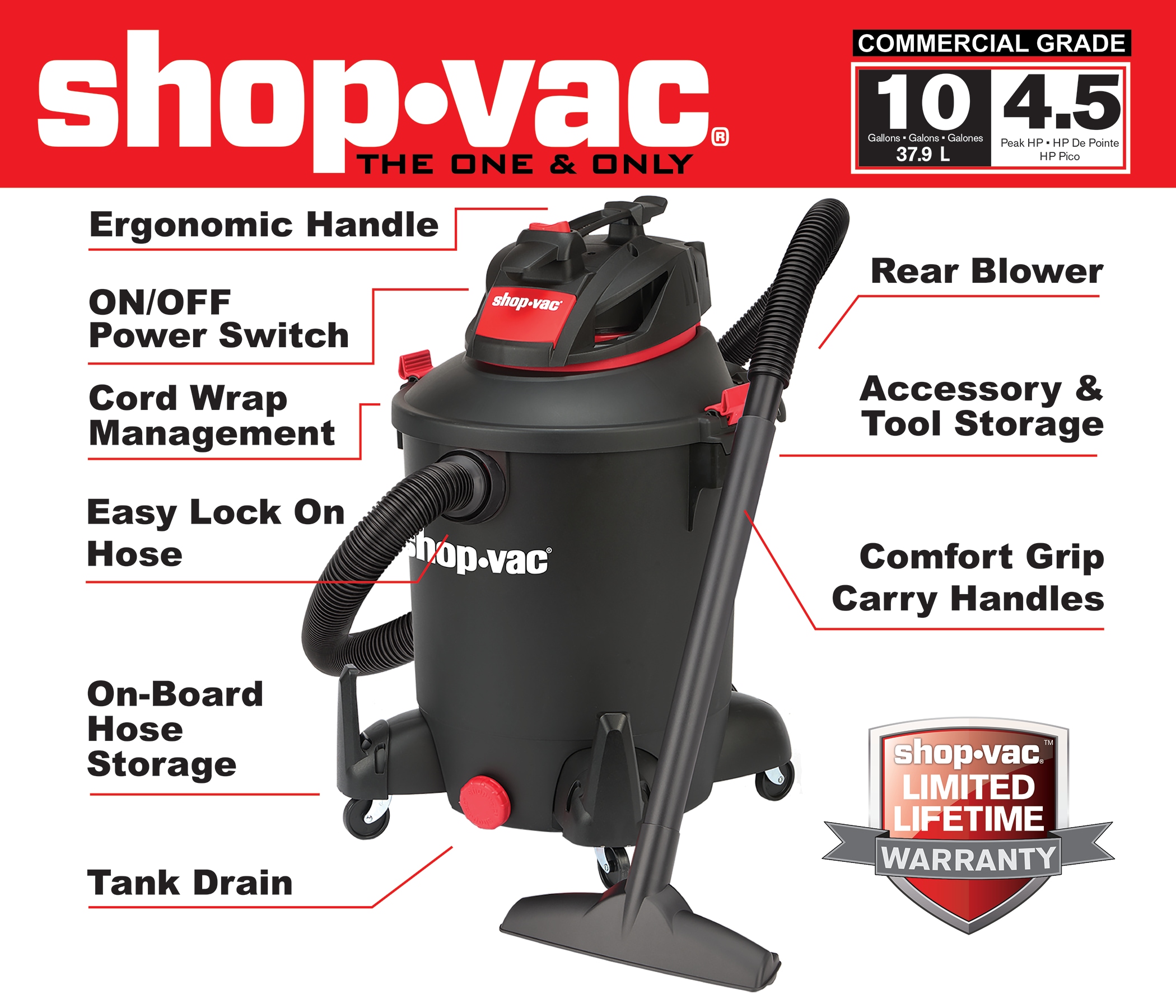 Shop-Vac Shop Vacuum,10 gal,Plastic,175 cfm (9627006)