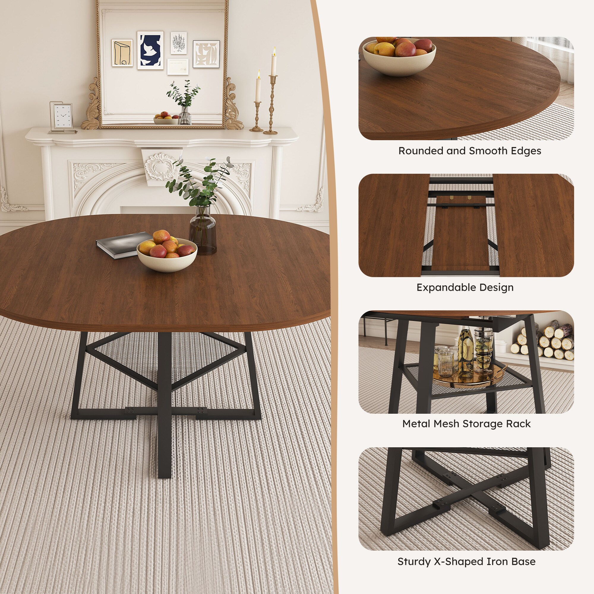 Blisstyle 47 Inch Extendable Round Dining Table for 4 8 with Storage ...