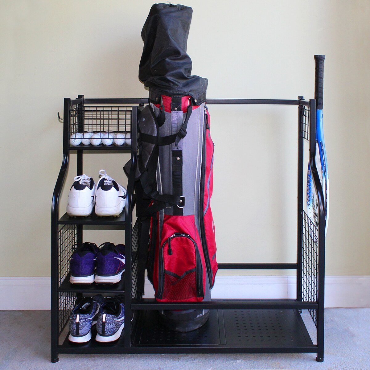 Golf Storage Organizer for Garage, Golf Bag Holder Club Organizer Rack,  Fits for 2 Golf Bags and Golf Equipment