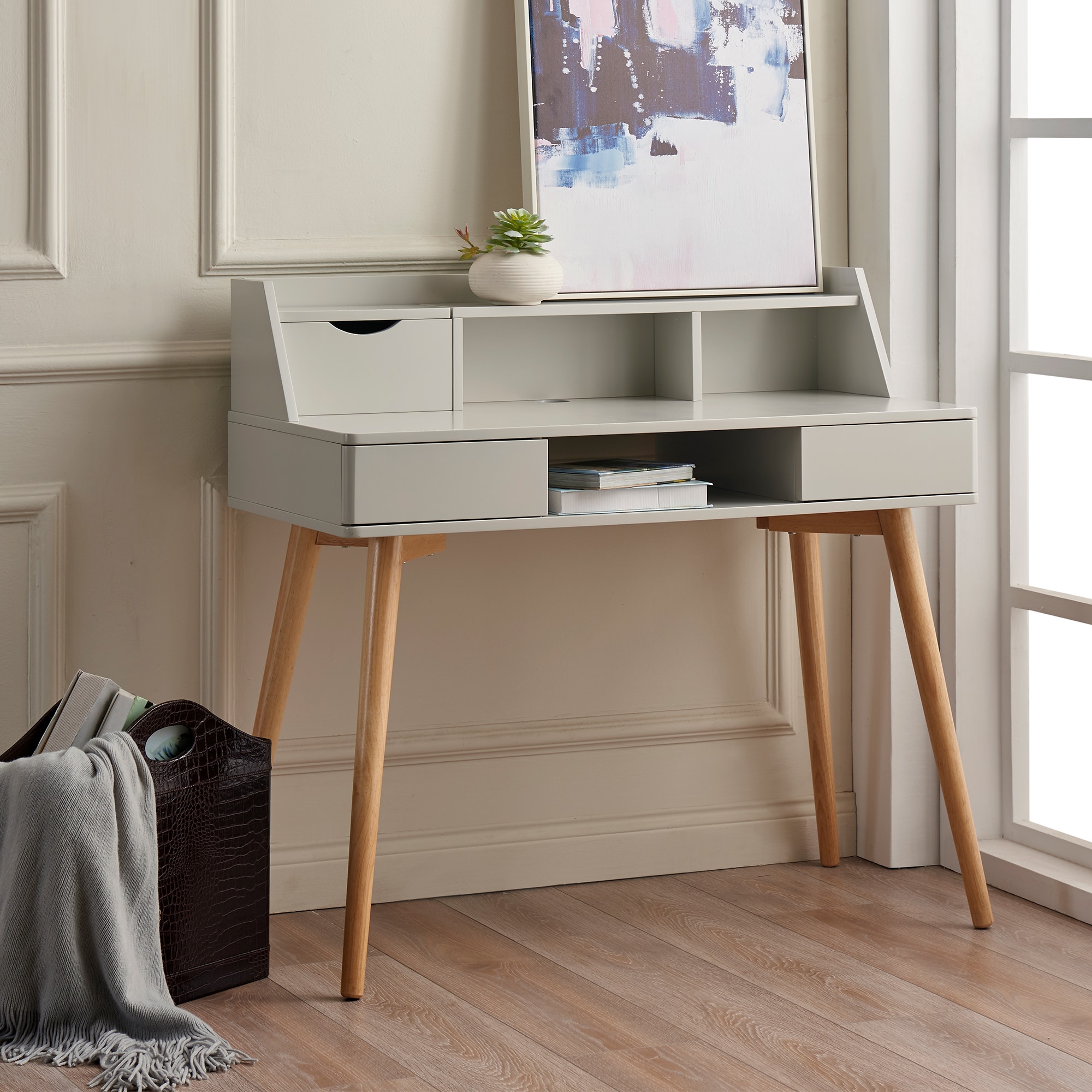 Light Gray Wooden Writing Desk with Hutch and Drawers