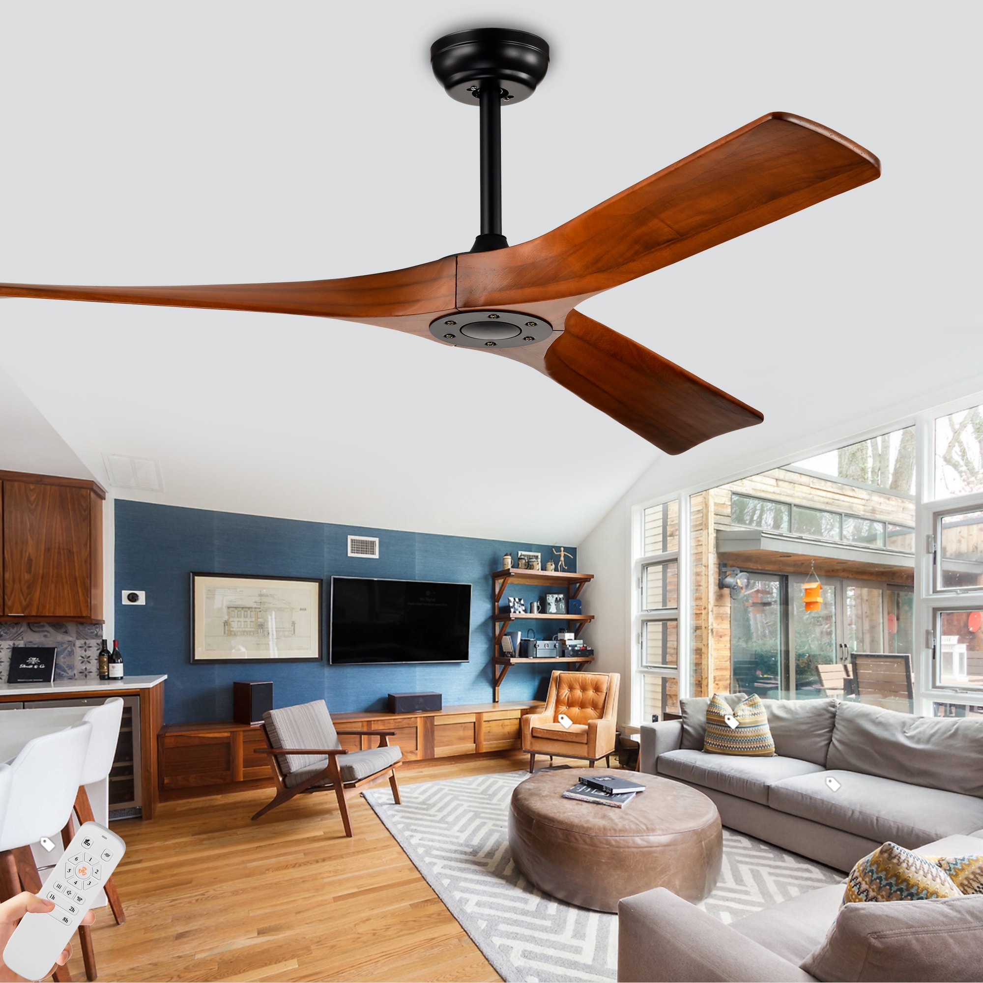Oaks Decor BDHEM109878 Lydern 52-in Color-Changing Matte Black with Polished Blades Ceiling Fan Without Light - Remote Included ( 3 -Blade )