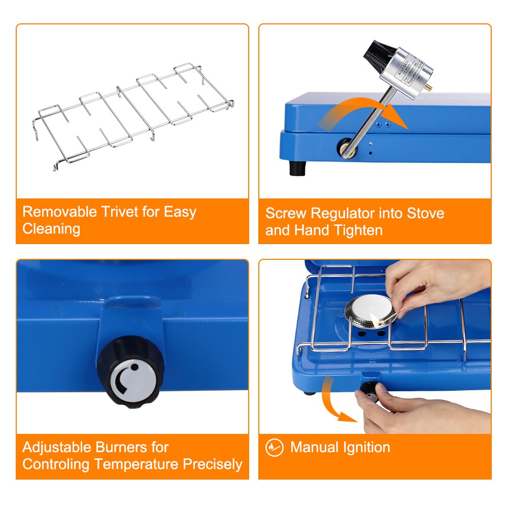 Camplux Propane Camping Stove 2 Burner, Portable Outdoor GAS Stove with Regulator, Size: 14,000 BTU, Blue