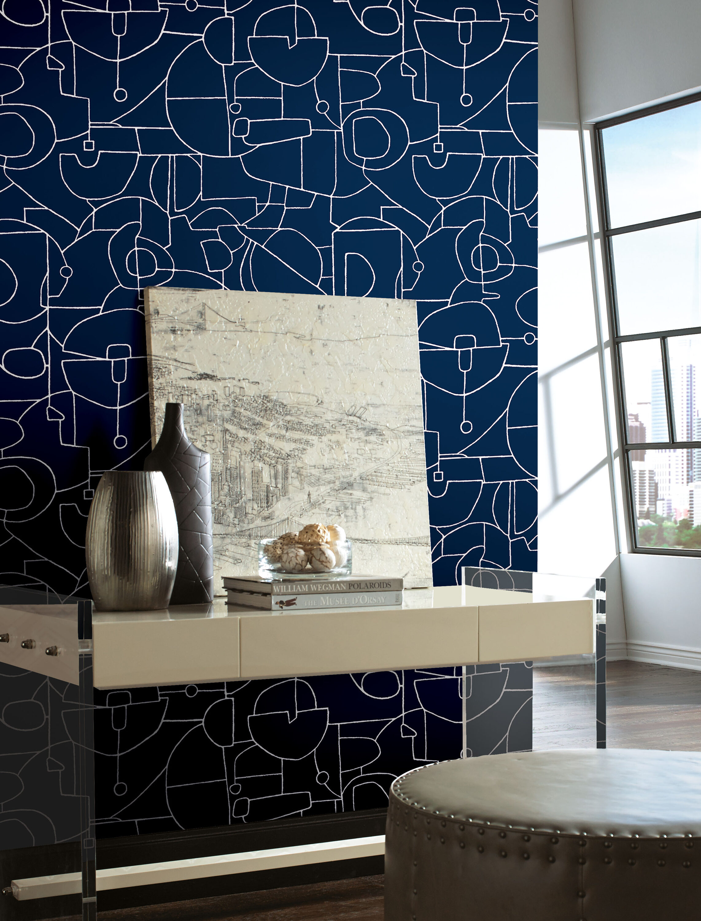 York Wallcoverings PSW1042RL York Premium Peel and Stick Line Art 45-Sq. Feet Navy Non-woven Novelty Self-adhesive Peel and Stick Wallpaper