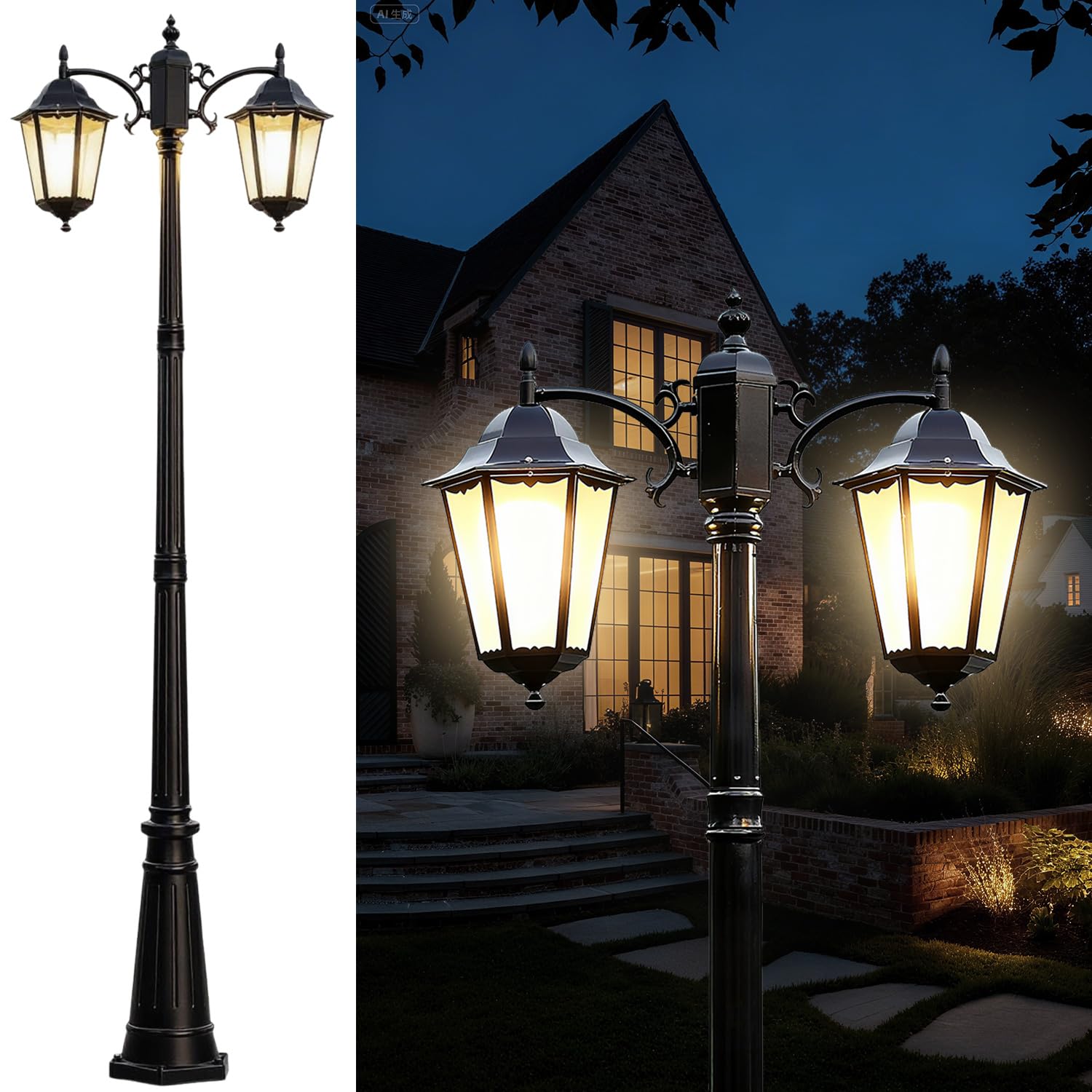 IUEST  Two Head Outdoor Lamp Post Lights Ninety Four Inches Waterproof Black Street Light Pole with Clear Glass Shade Die Cast Aluminum Retro
