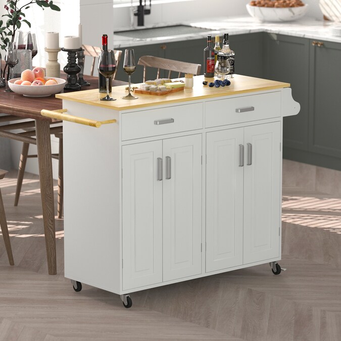 Wood Top Rolling Kitchen Island, White Movable Kitchen Island