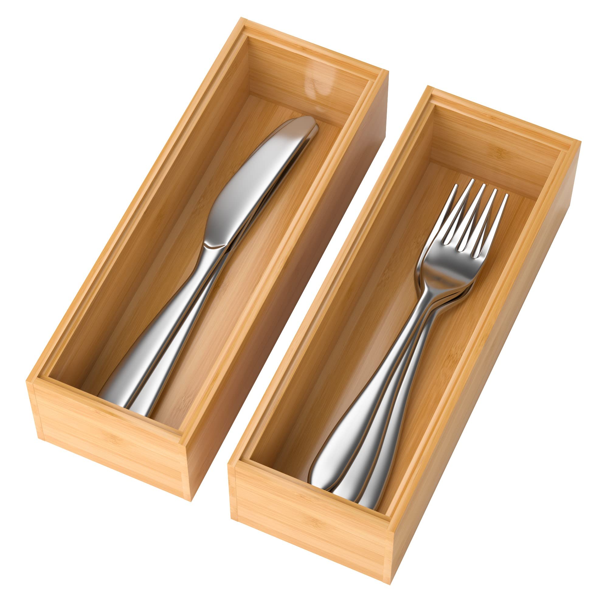 KIWDZFU  Bamboo Drawer Organizer Set of 2 Stackable Storage Boxes Silverware Tray and Small Gadget Holder for Kitchen Drawers Nine by Three by