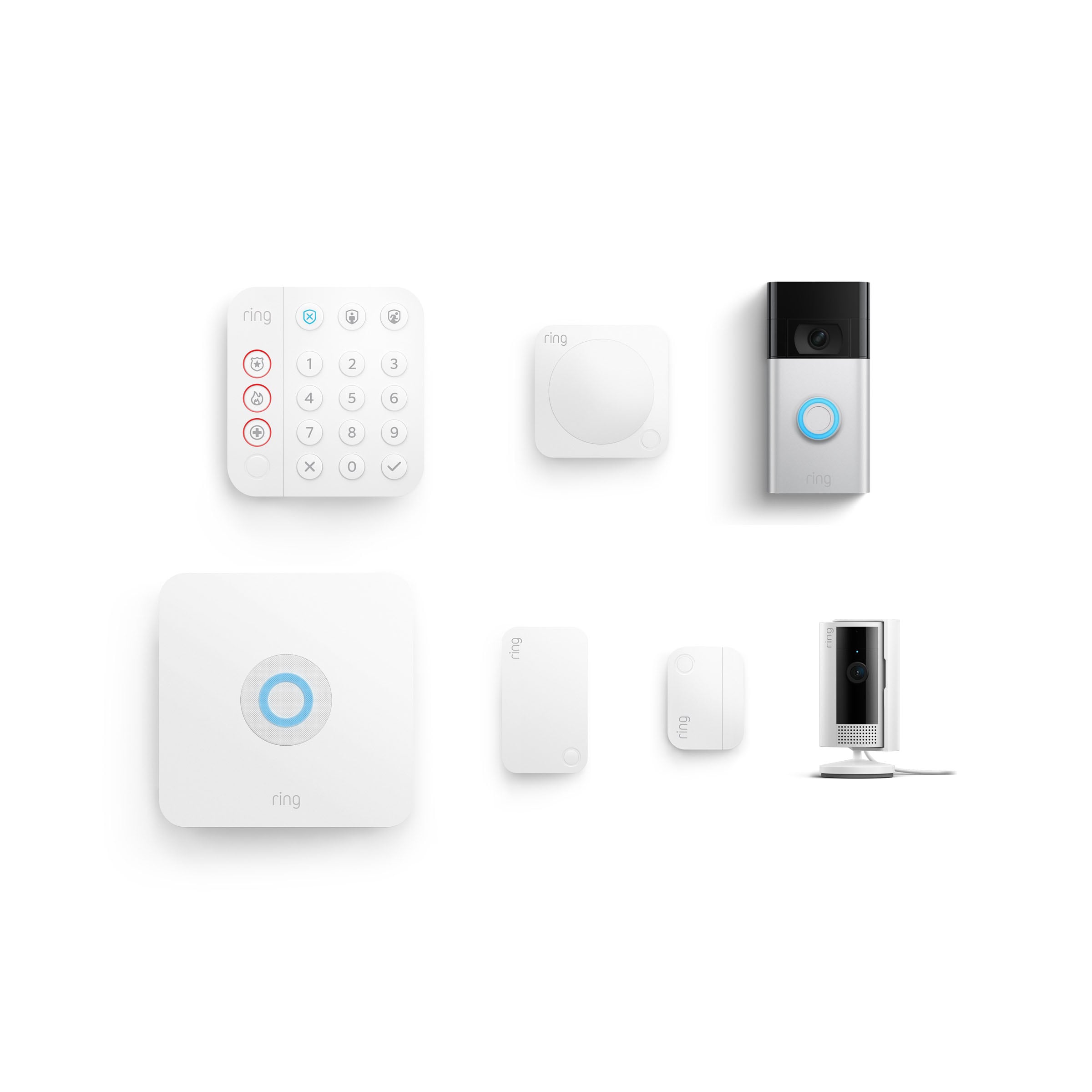 Ring Video Doorbell - Satin Nickel + Indoor Cam 2nd Gen White + Alarm 5pc Kit Bundle