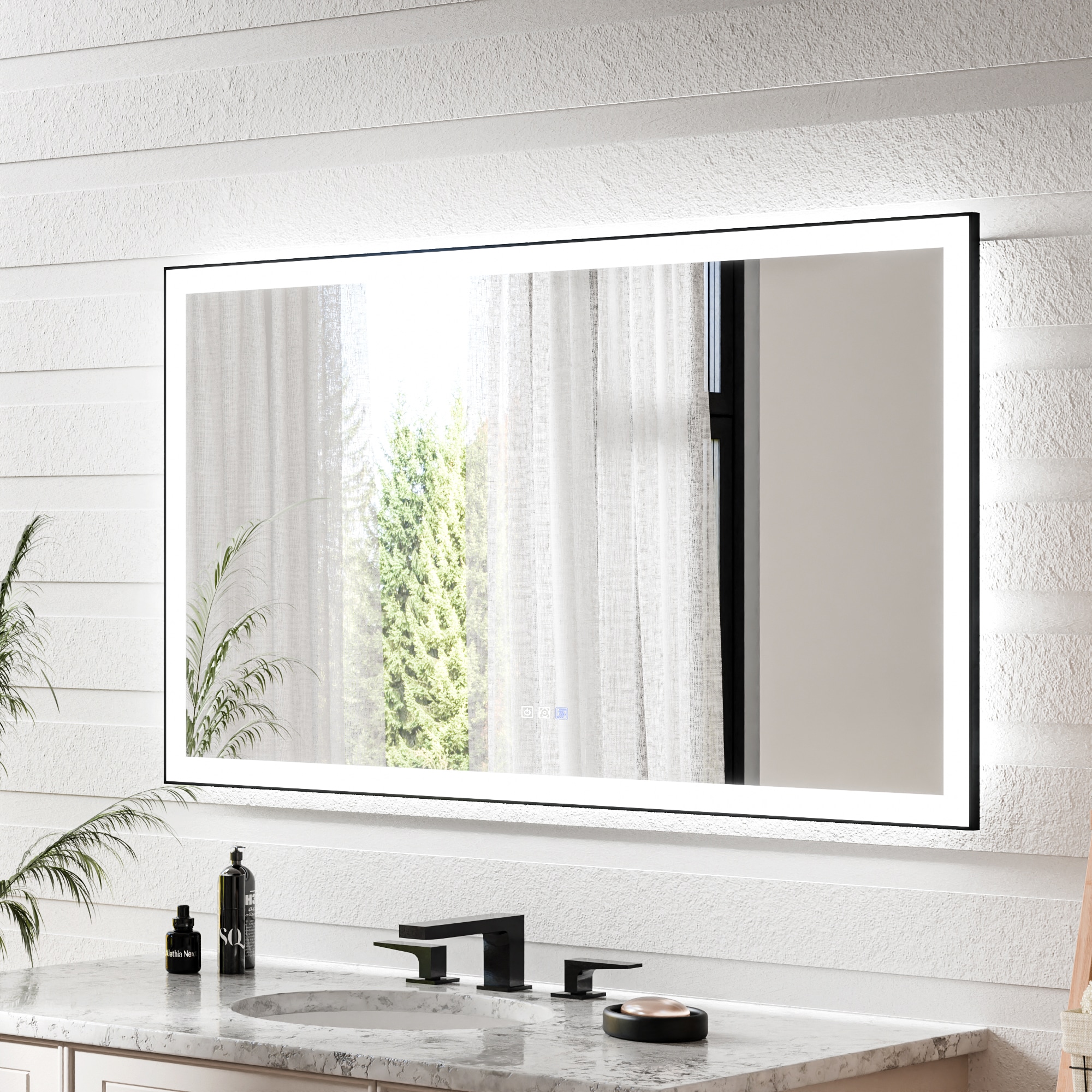 AAZJ JKF-MU04-4236SF1 V12 LED Lighted Mirror 55-in x 30-in Framed Rectangle Dimmable LED Lighted Fog Free Bathroom Vanity Mirror ( Matte Black )