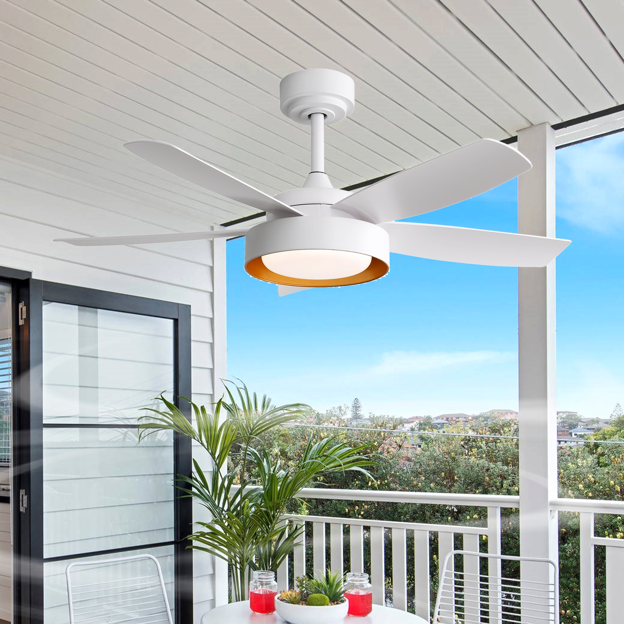 Sunrinx MG9-CF-14 42-in Outdoor White with White Blades Ceiling Fan With Light and Remote ( 5 -Blade )