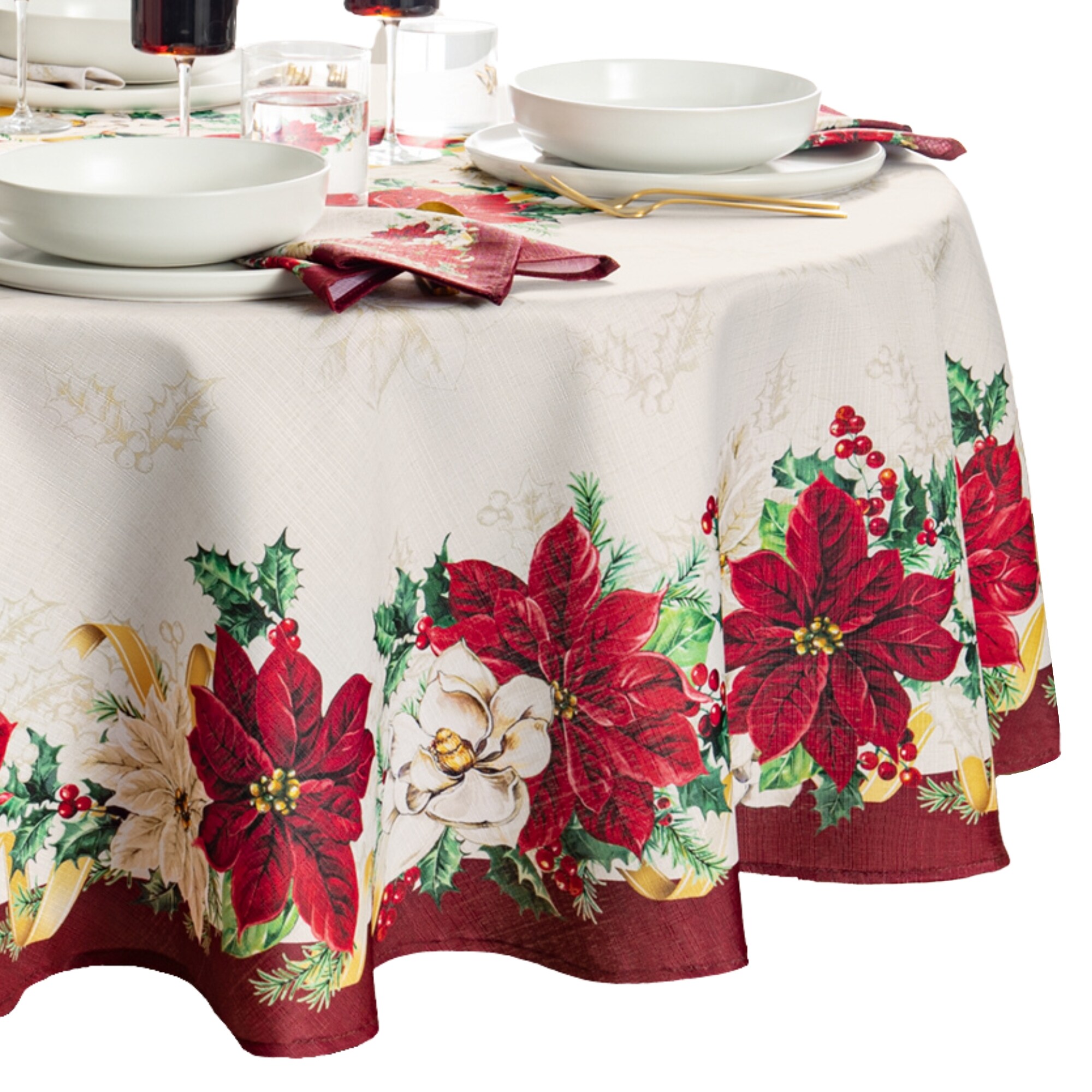 Elrene Home Fashions 194590101855 Poinsettia Garlands Engineered 60"x84" Oval Indoor Multicolor Table Cover for 6-ft rectangle