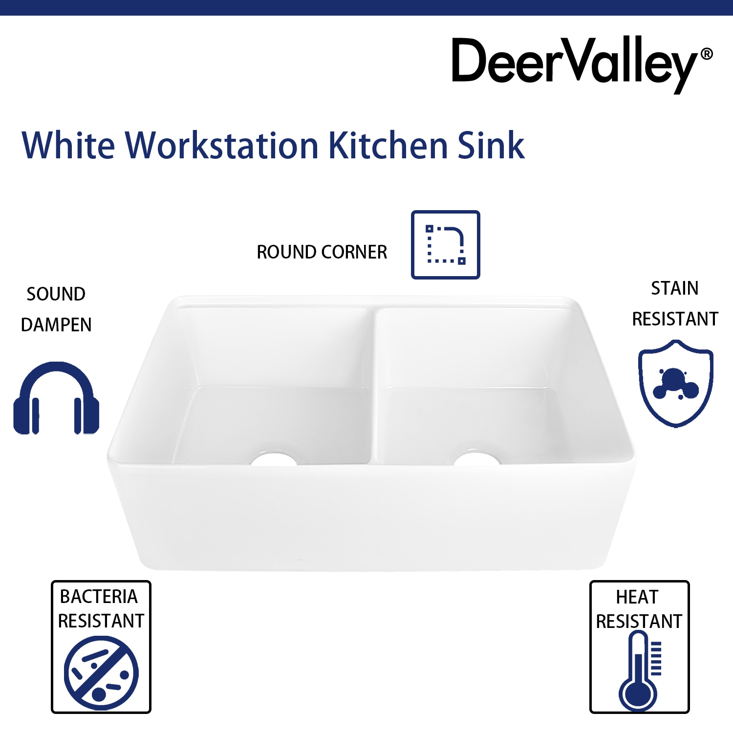 DeerValley 33 in. Farmhouse/Apron-Front Double Bowl White Fireclay Workstation Kitchen Sink with Grid and Basket Strainer