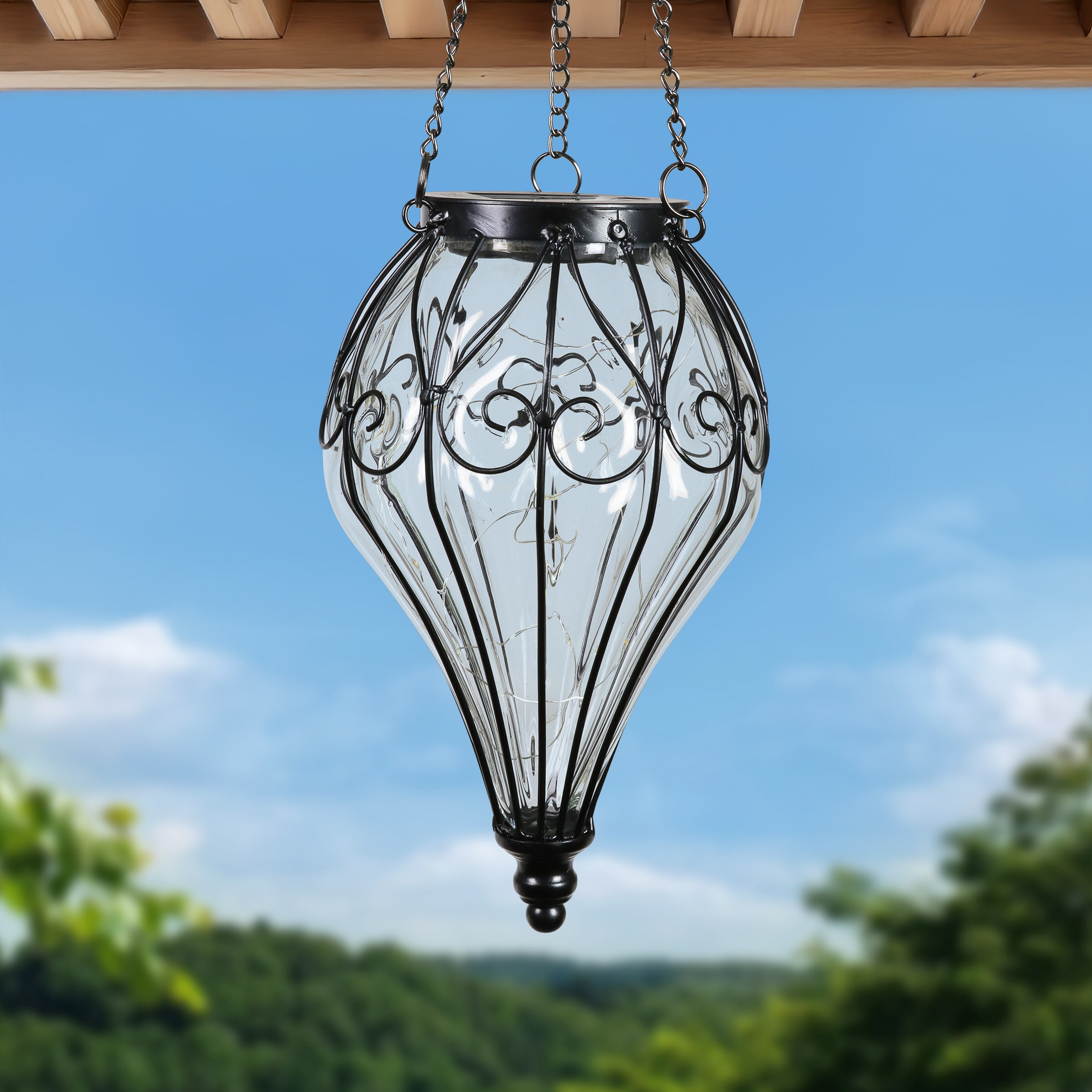 Elegant Clear Glass Solar Hanging Lantern with LED Lights
