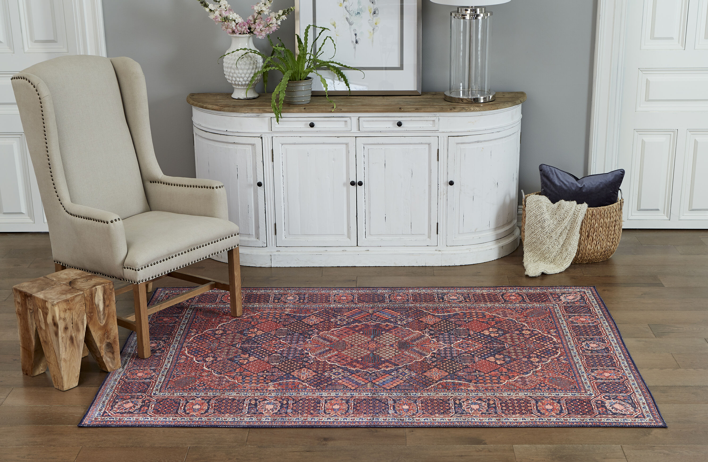Afshar Navy Blue and Red Synthetic Rectangular Area Rug 2' x 3'