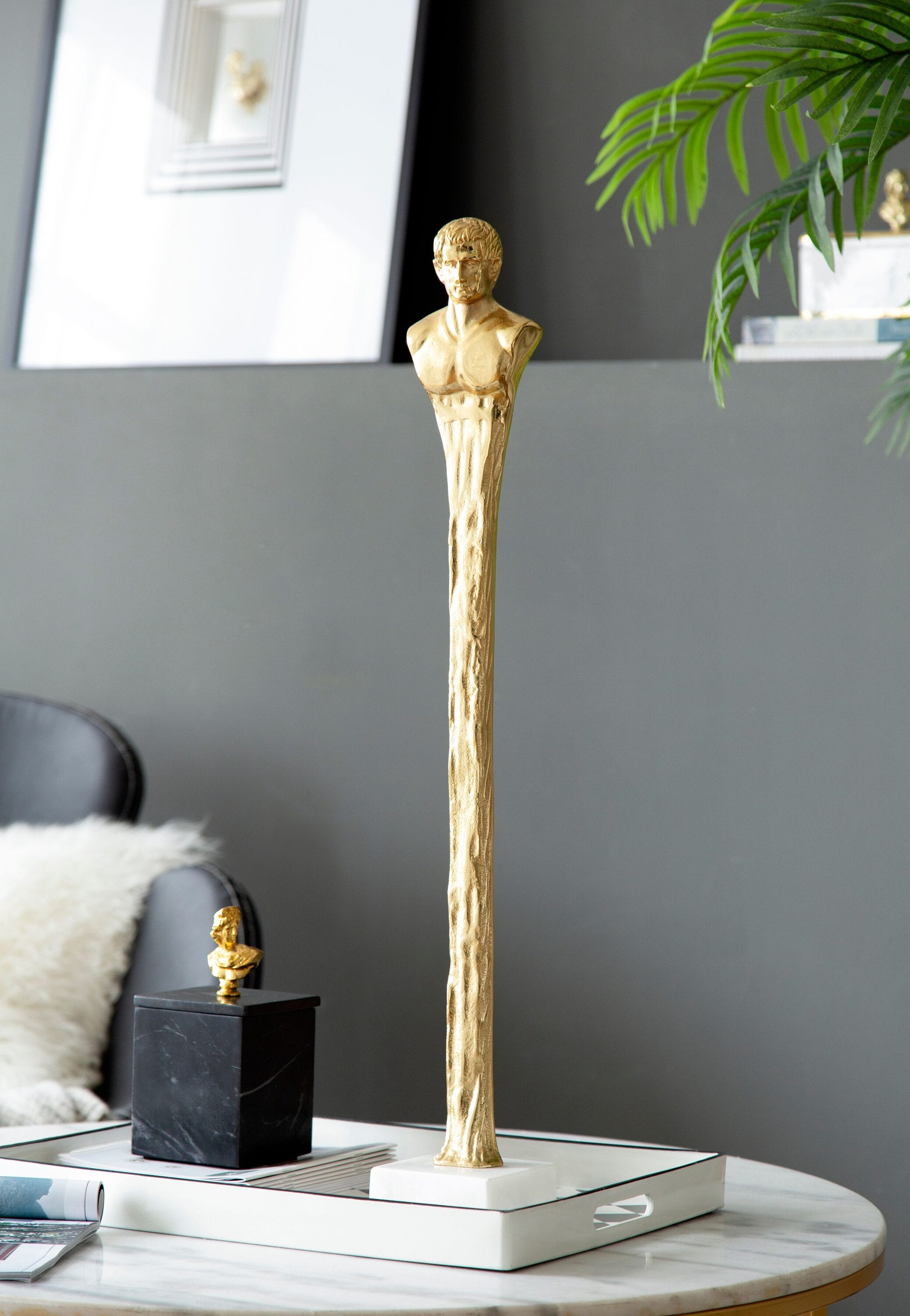 Blisstyle 5.5x5.5x32 Inch Elongated Gold Roman Statue on White Marble Base Garden Statue