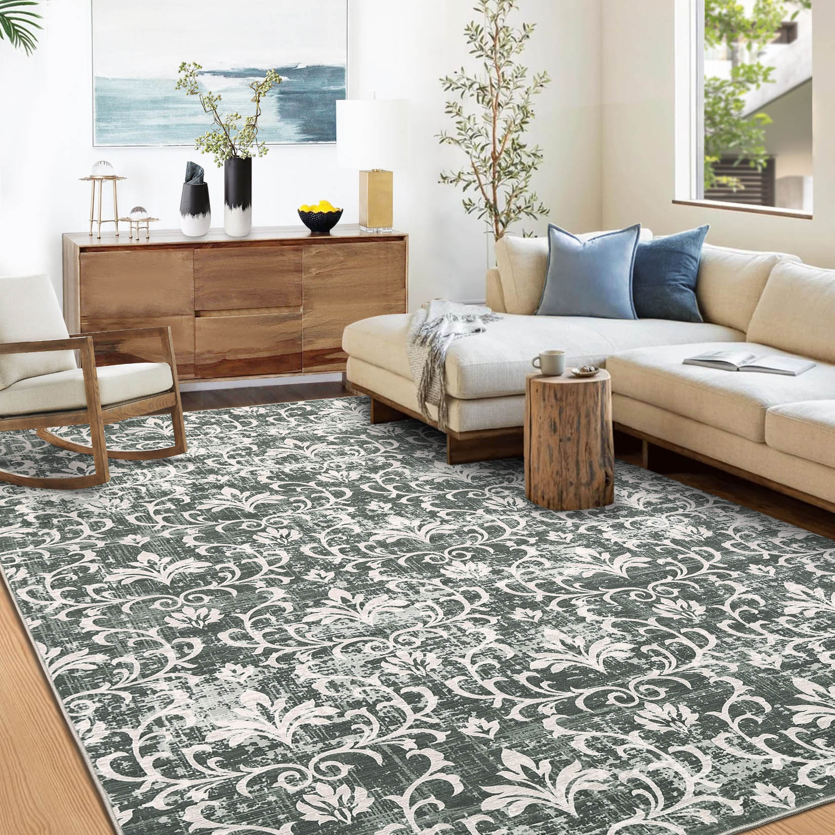 Garvee YXY-LO-PHO-15AYXKFM 8 x 10 (ft) Loomed Polyester Green Rectangular Indoor Damask Mid-Century Modern Machine washable Area rug