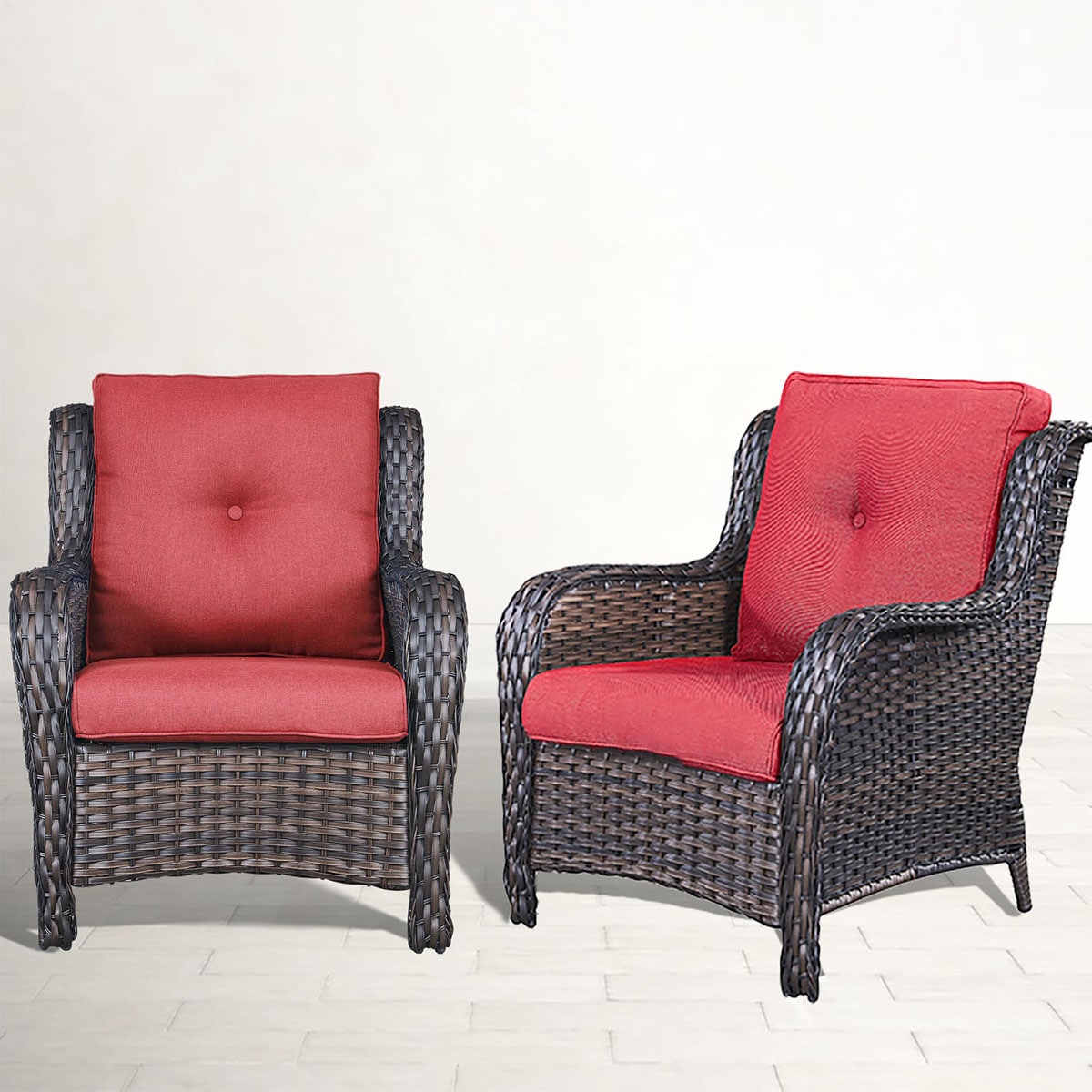 Rilyson FS006-5 Curved handrail Set of 2 Wicker Brown Wicker Frame Stationary Conversation Chair with Red Red Cushioned Seat