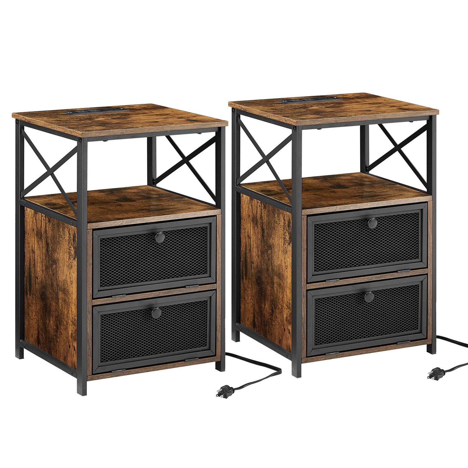Vecelo LOE-XF-NS23-BRN-A2 Set of 2 Nightstand with Charging Station USB Drawers Bedroom End Table Bedside Table Brown