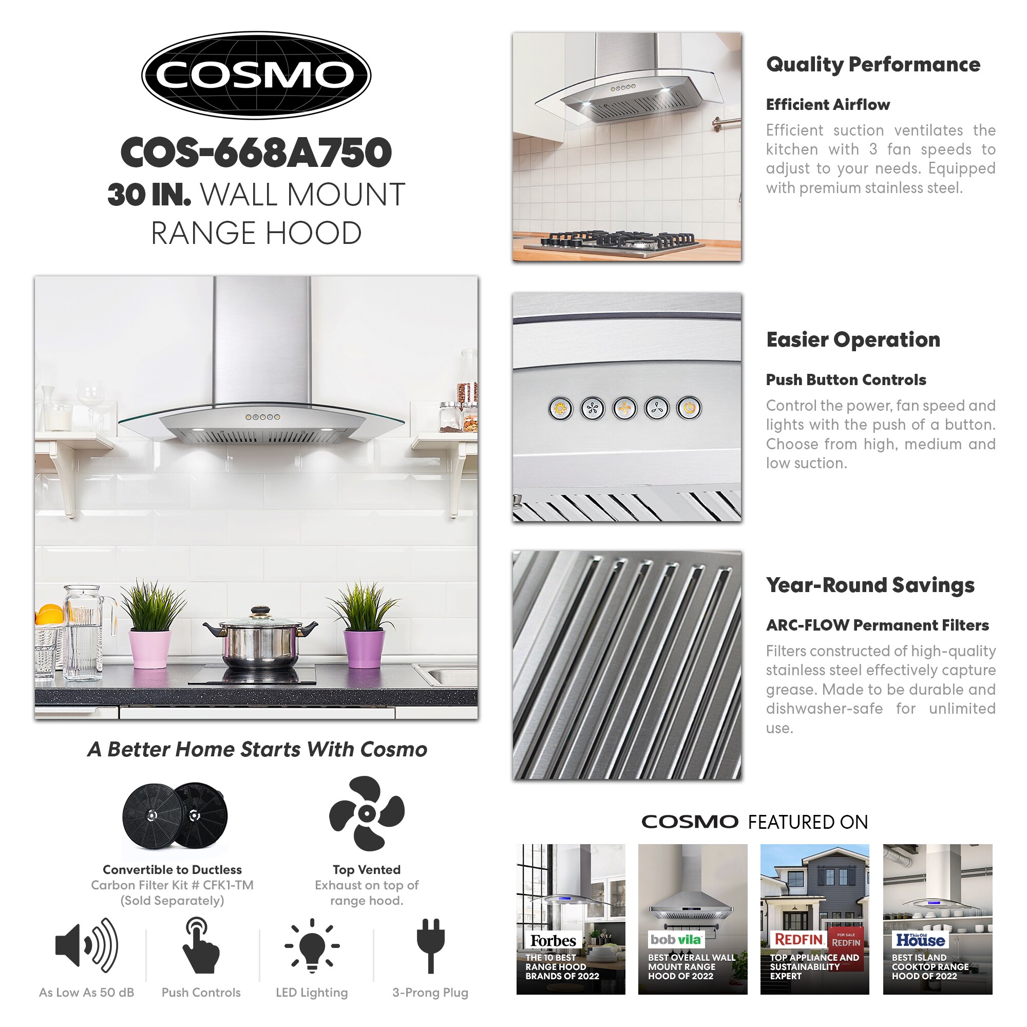 Cosmo 30-in 380-CFM Ductless Stainless Steel Wall-Mounted Range Hood with  Charcoal Filter in the Wall-Mounted Range Hoods department at