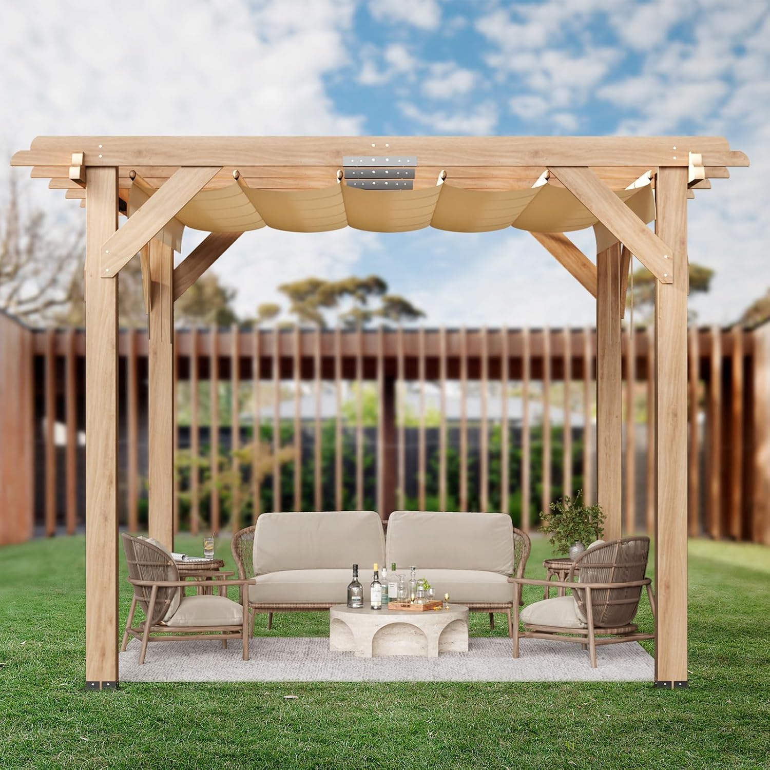 WhizMax WL-VAM-1EYG46W2 10x12 FT Cedar Wood Pergola with Retractable Oxford Fabric Roof Wooden Outdoor Patio Canopy Gazebo with Shade