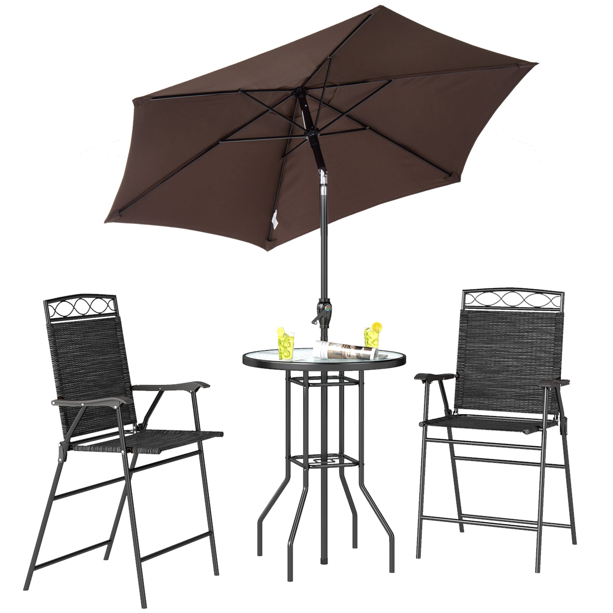 Outsunny 84B-226BK  4 Piece Patio Bar Set for 2 with 6' Adjustable Tilt Umbrella Outdoor Bistro Set with Folding Chairs  Glass Round Dining Table Black