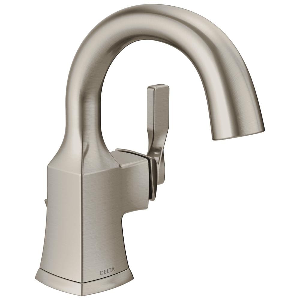 Delta 15766LF-SP Sawyer SpotShield Brushed Nickel 4-in centerset 1-handle WaterSense Residential Handle Bathroom Sink Faucet with Drain with Deck Plate