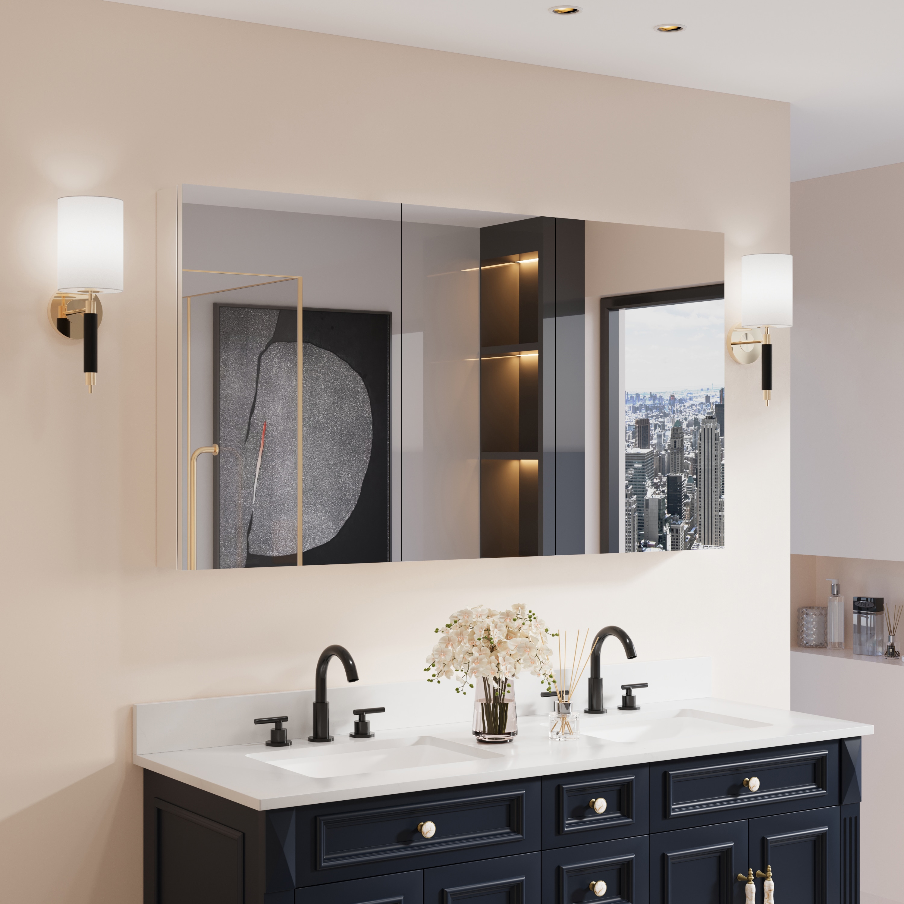 Forclover WBSGOS05R-BK 56-in x 30-in Surface/Recessed Mount Silver Mirrored Rectangle Soft Close Medicine Cabinet
