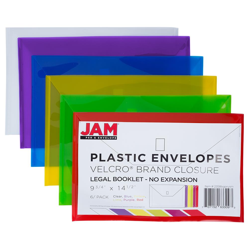 Pack of 6 Assorted Hook and Loop Closure Plastic Envelopes - Index Booklet  5 1/2 x 7 1/2