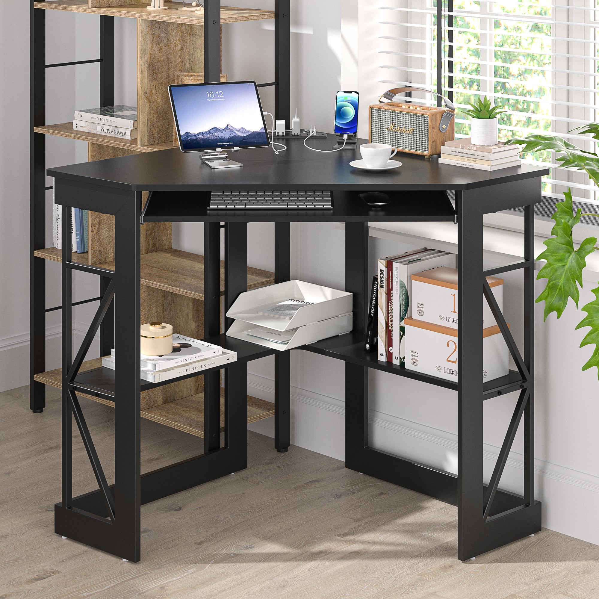 Vecelo LOE-XJM-CD03-BLK-UP Corner Desk With Outlets and USB Ports Triangle Computer Desk With Charging Station Storage Shelf Space Saving Writing Desk For Small Space