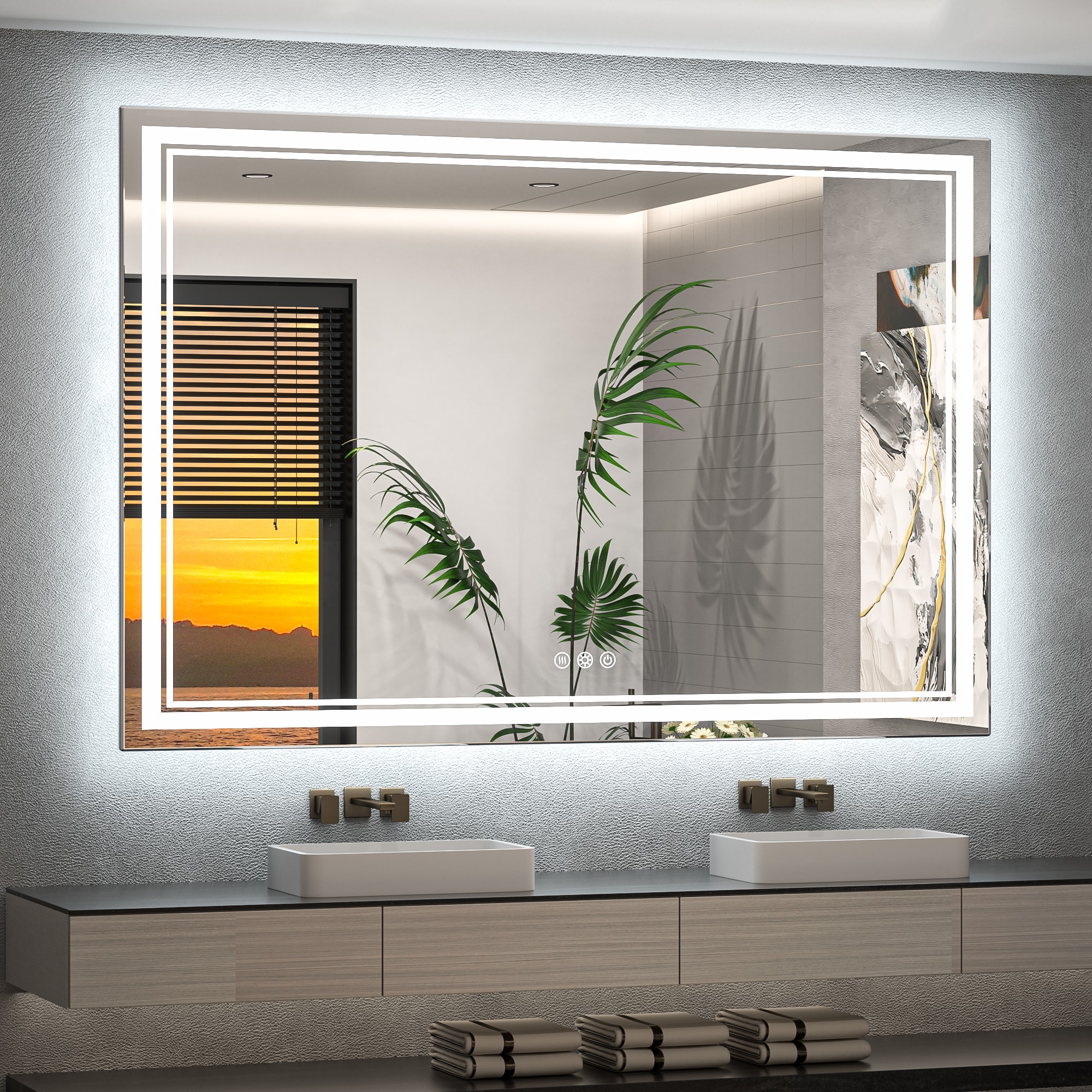 Keonjinn LW-JZ-ZGSSW-152101 60-in x 40-in Polished Frameless Rectangle Dimmable LED Lighted Fog Free Bathroom Vanity Mirror ( Sliver )