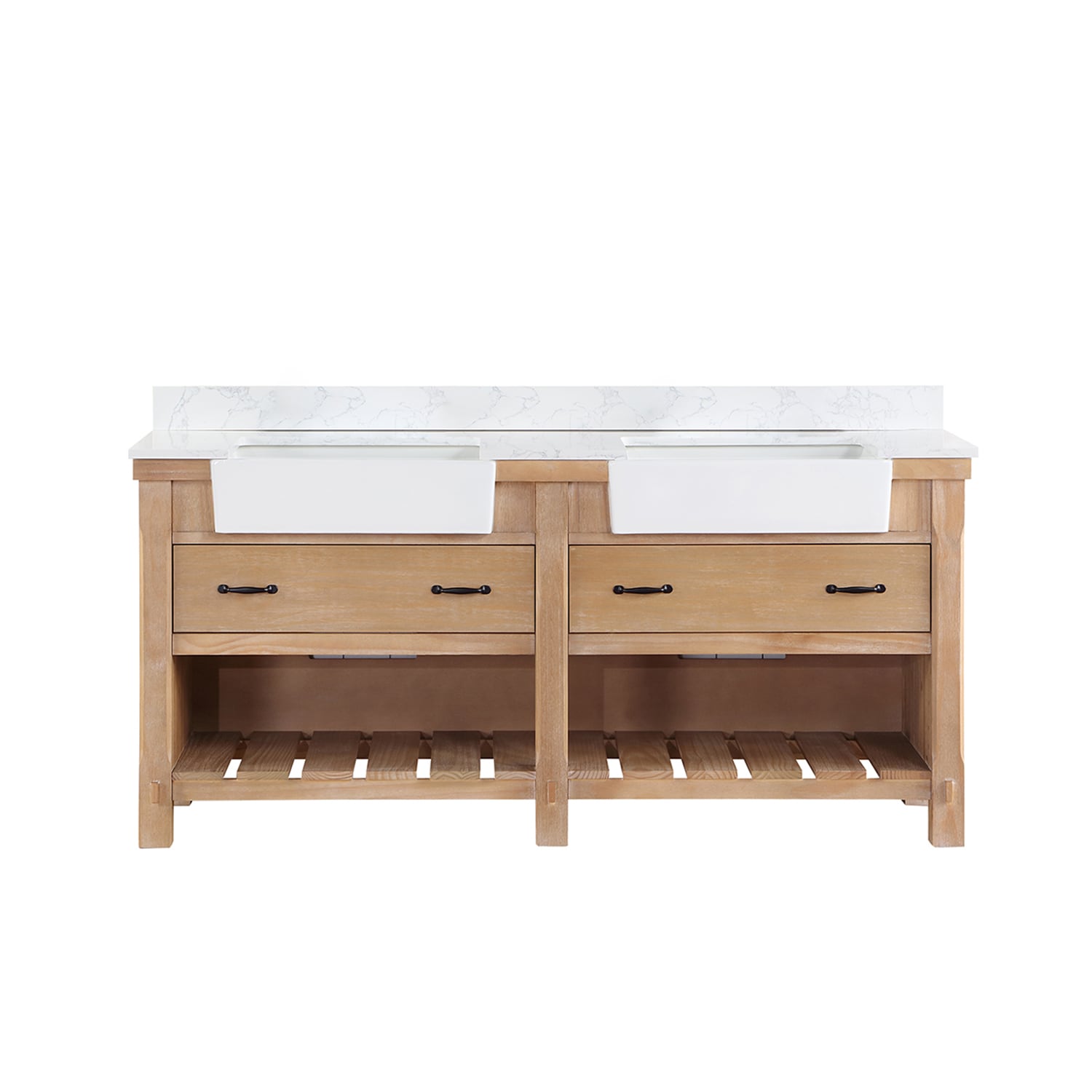 Weathered Pine Double Sink Vanity with White Stone Top