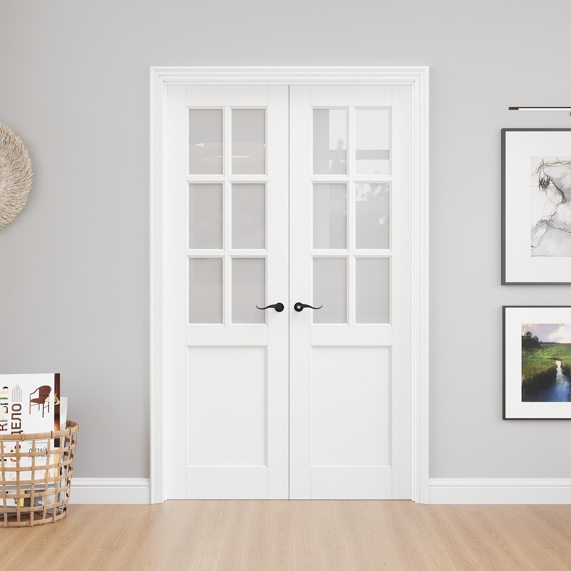 JUJUBON - 48-in x 80-in White MDF Full lite Frosted Glass Slab Interior French Double Door (Hardw...