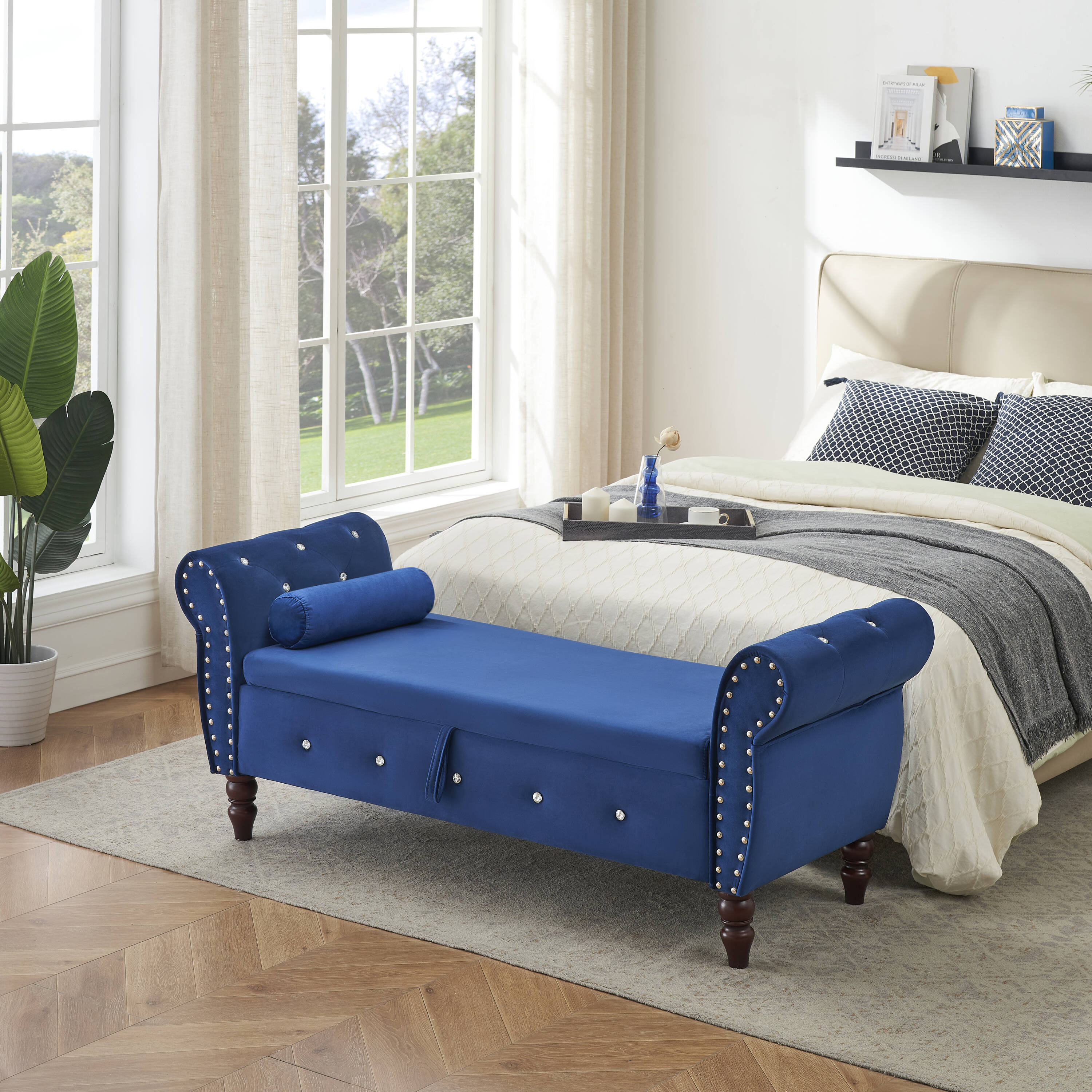 Lycvki BB-45 Casual Blue Storage Bench with Storage 63-in x 22-in x 24-in
