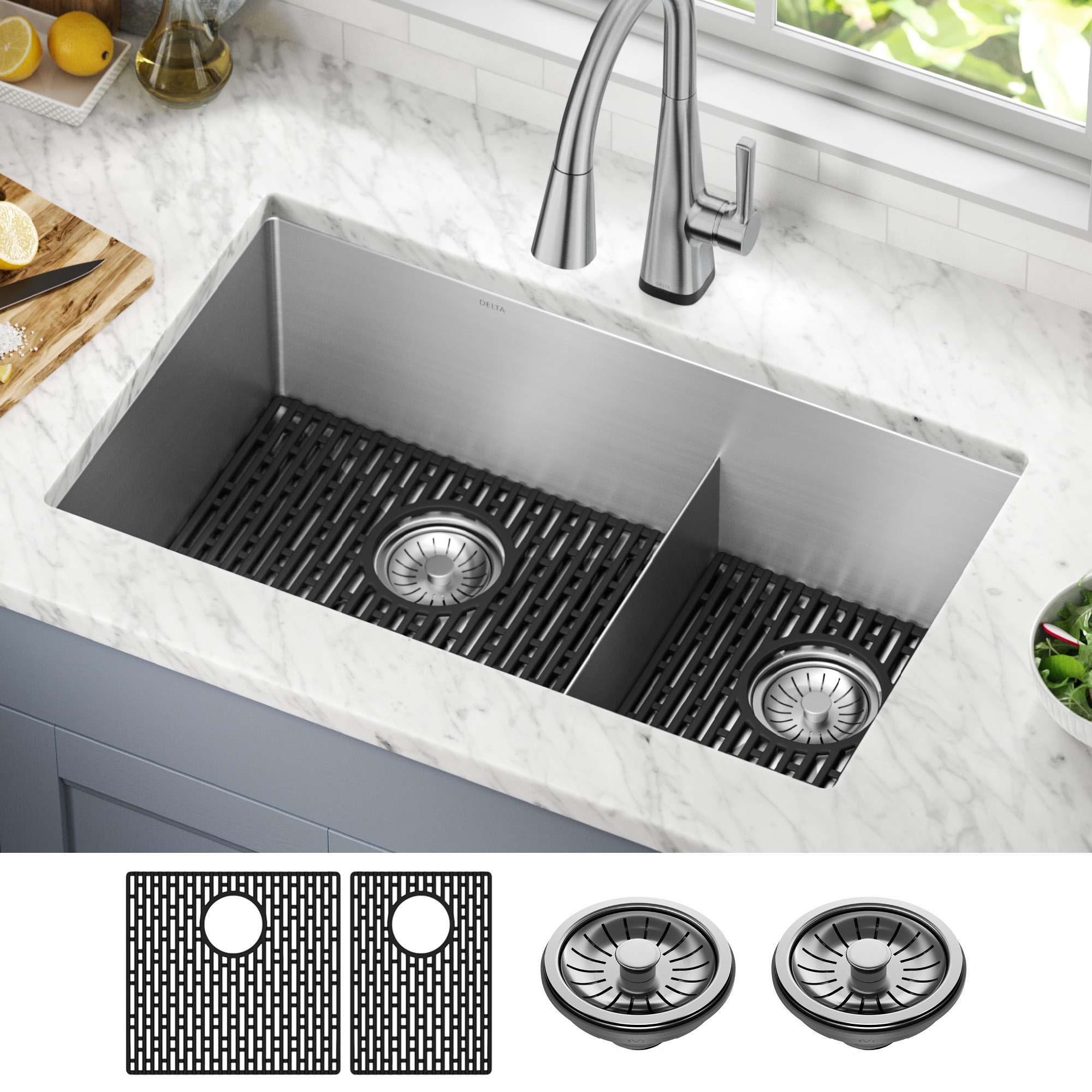 Delta 953034-32D6-SS Lenta Undermount 32-Inches x 19-Inches Stainless steel Double offset bowl 16 -Gauge Kitchen Sink