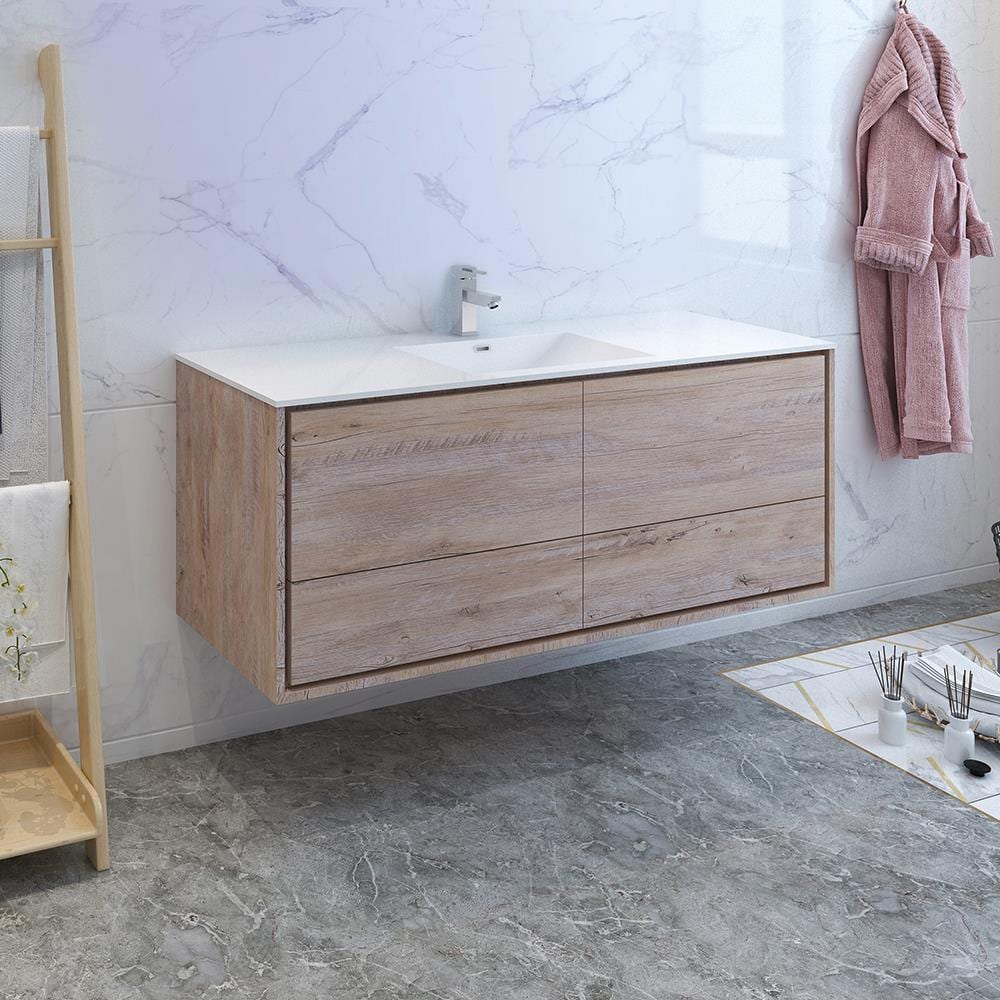 Fresca FCB9260RNW-S-I Catania 60-in Rustic Natural Wood Single sink Floating Bathroom Vanity with White Acrylic Top