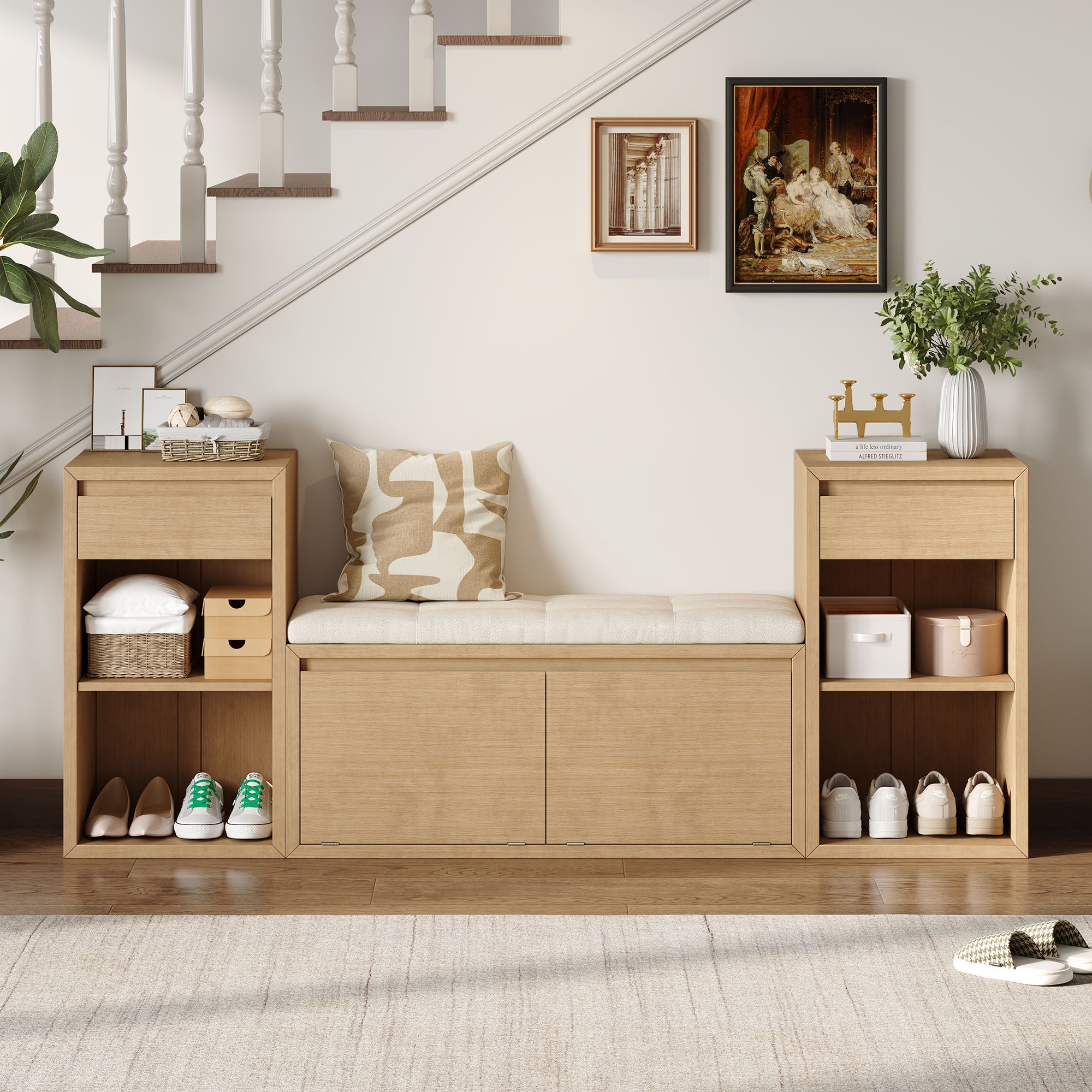 Blisstyle - TREXM All in One Entryway Storage Bench with Cushion Compartments Drawers Open Shelve...