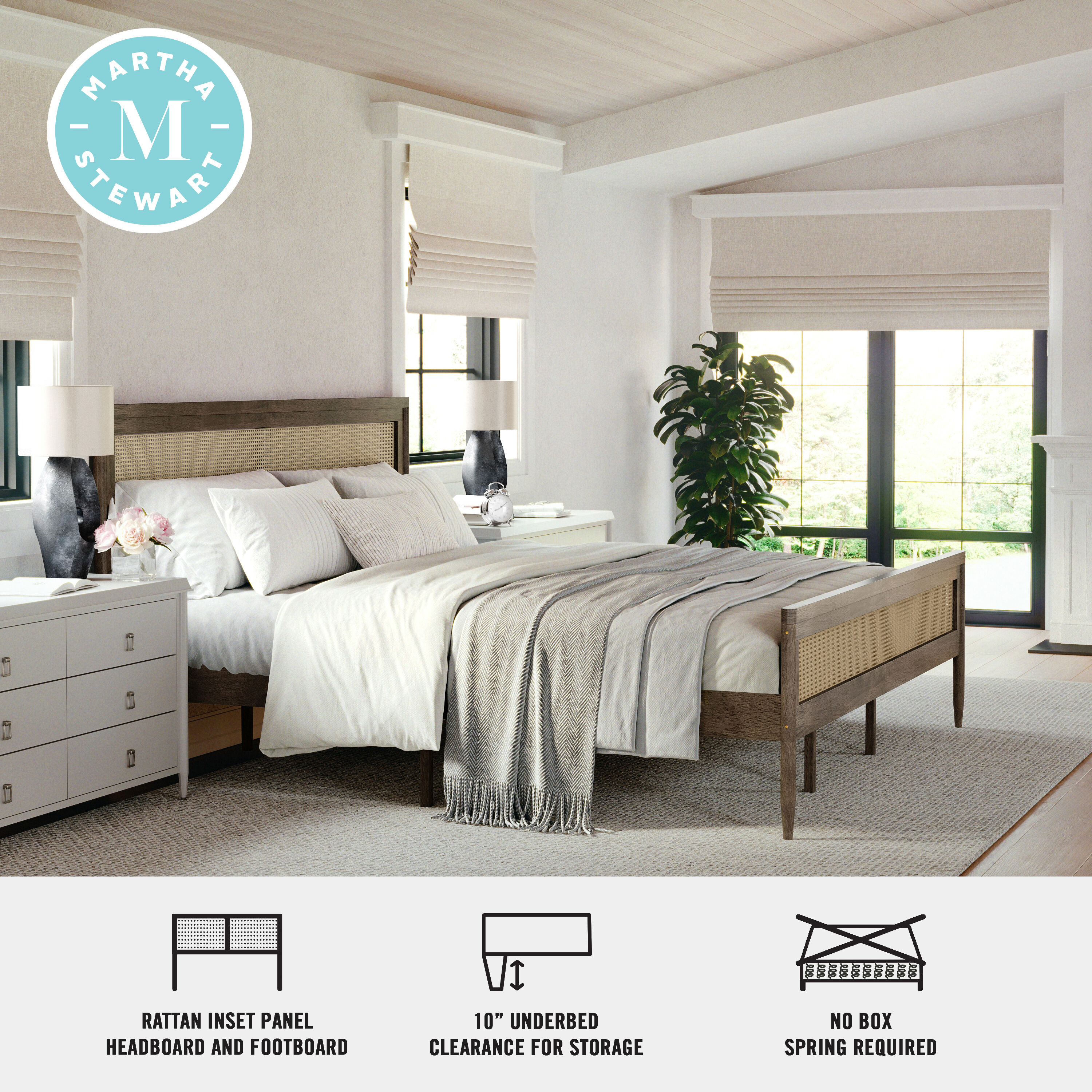 King Brown Gray Wood Frame Platform Bed with Rattan Headboard