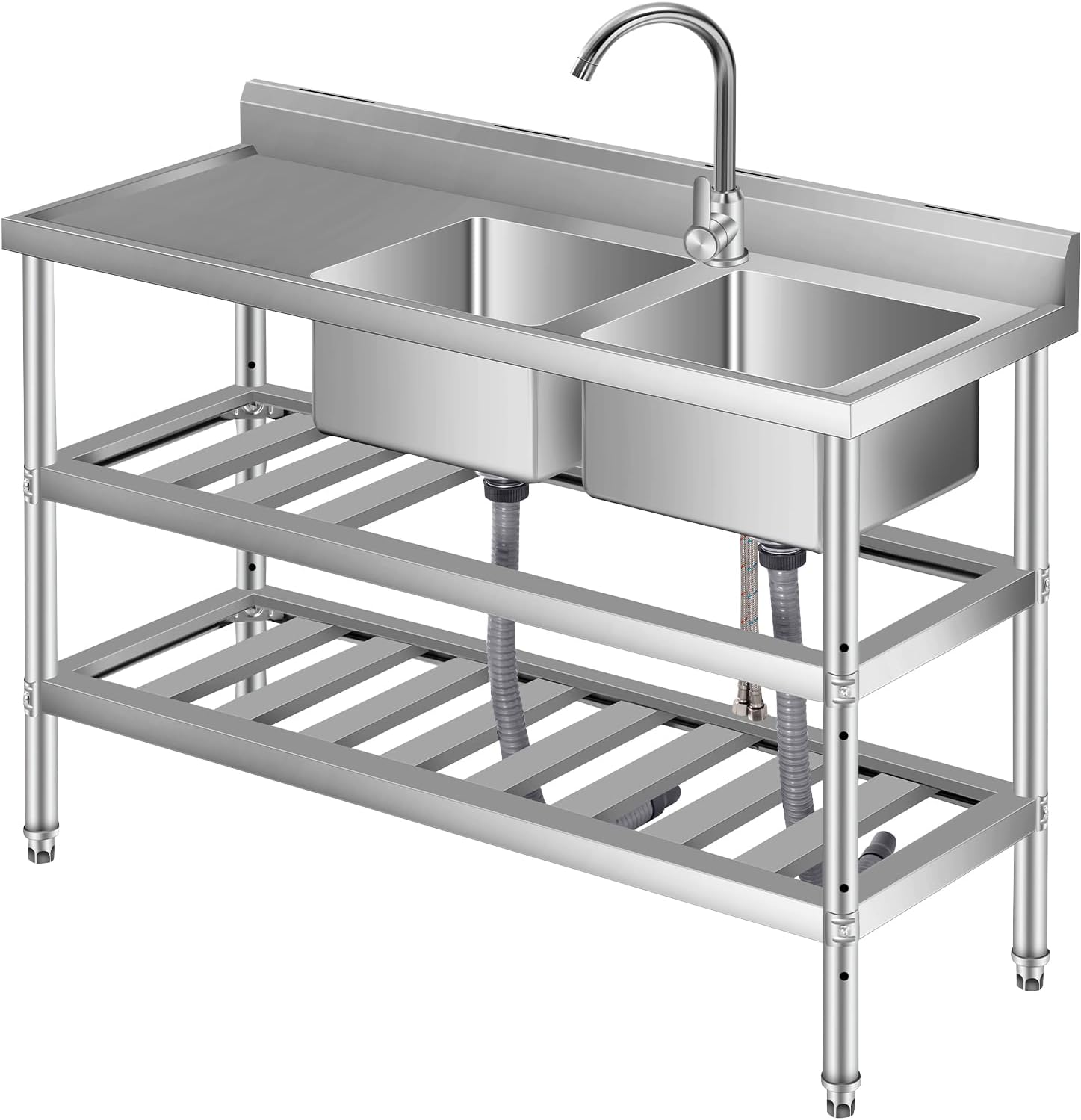 GAOMON Stainless Steel Freestanding Utility Sink with Backsplash Hot Cold Faucet Storage Shelf Heavy Duty for Kitchen Bathroom Laundry 47x18x32 Silver