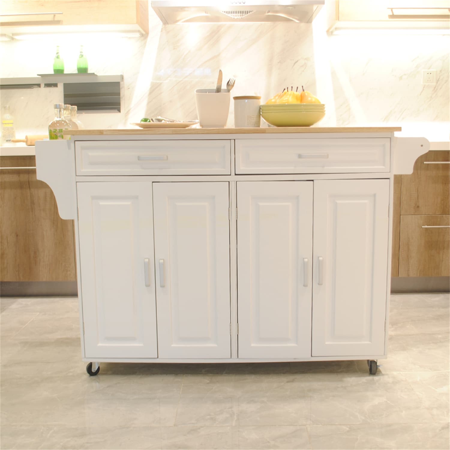BABOOM White MDF Base with Wood Rolling Kitchen Island ( 18-Inches x 54-Inches x 36-Inches ) #BOM-0S00002-OR