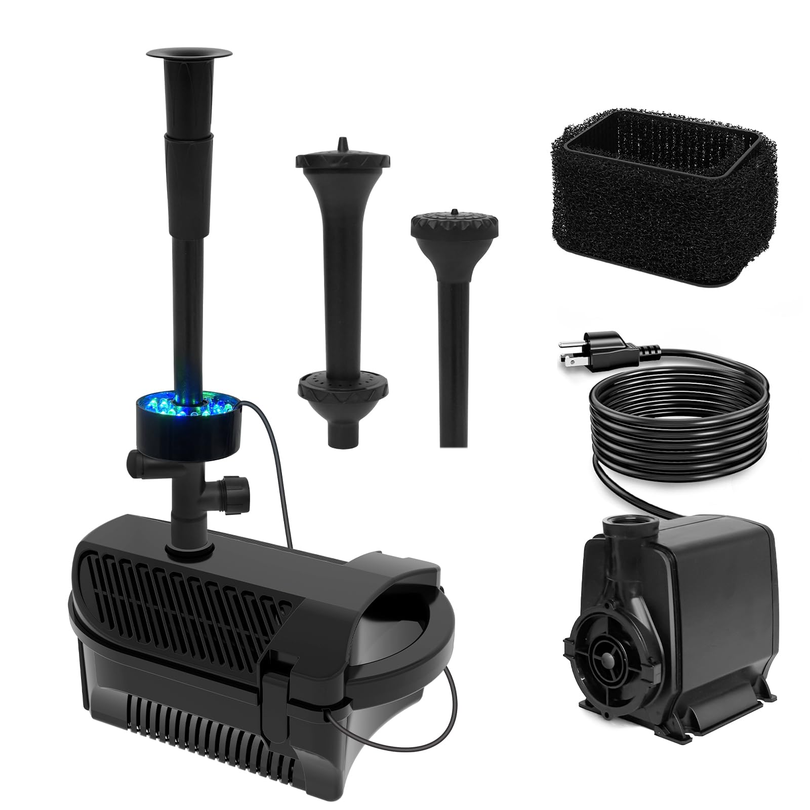 AKSCYZM  Large Water Fountain Pump 1320 GPH 100W with RGB Auto Cycle LED Lights Pond Fountain Kits for Outdoor Use with 3 Nozzle Options