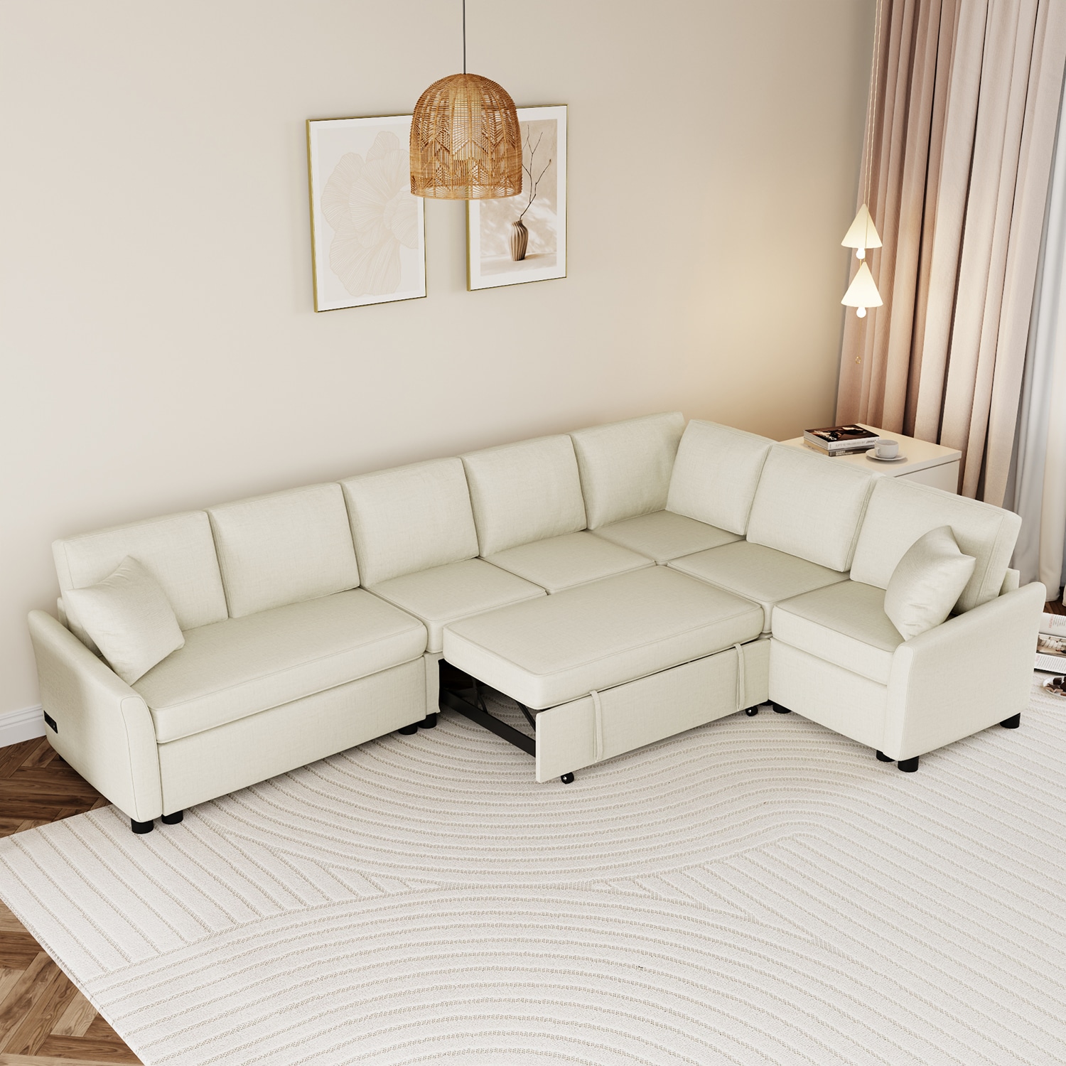 GZMR GZ-HH4S010 124.8"L-shaped Sofa with Two Back Pillows 124.8-in Modern Beige Chenille 6+ -seater Reclining Sofa