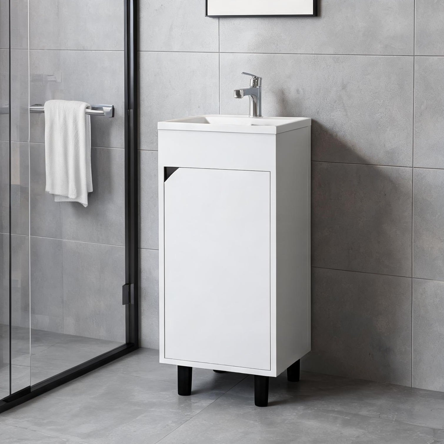 Naturefalls - Crisp White Modern Bathroom Vanity with Integrated Sink and Single-Door Storage Cab...