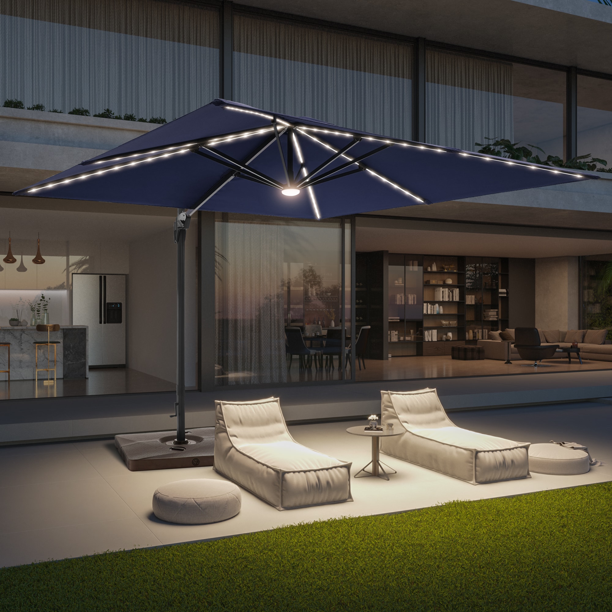 ACEGOSES LW-WB-LED1010NY 10-Feet Aluminum Blue No-tilt Cantilever Patio Umbrella with Lights and with Base