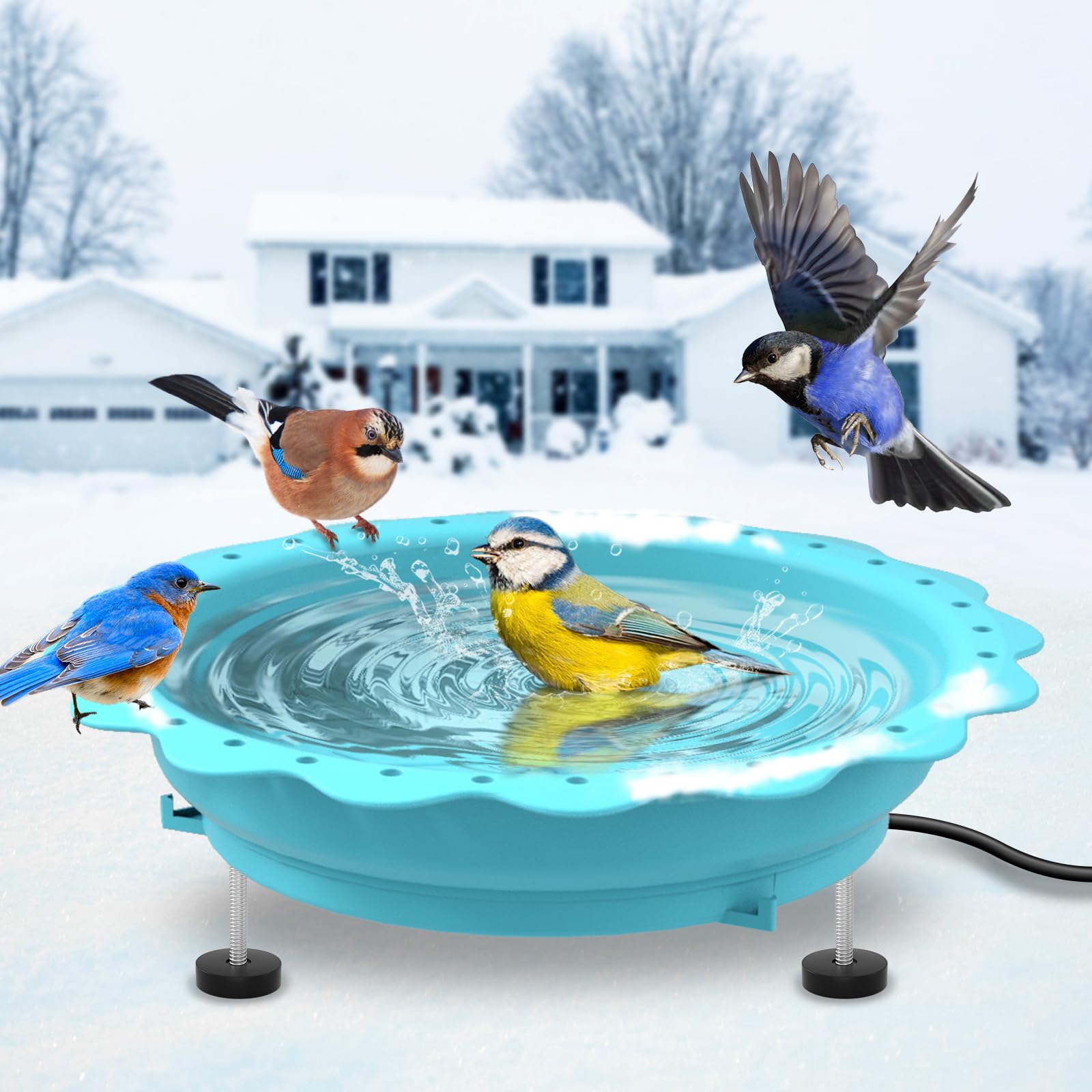 ITOPFOX  Heated Bird Bath for Outdoors Winter 100W Thermostat Control Large Capacity Blue Bowl with Metal Extension Screws and Long Power Cord