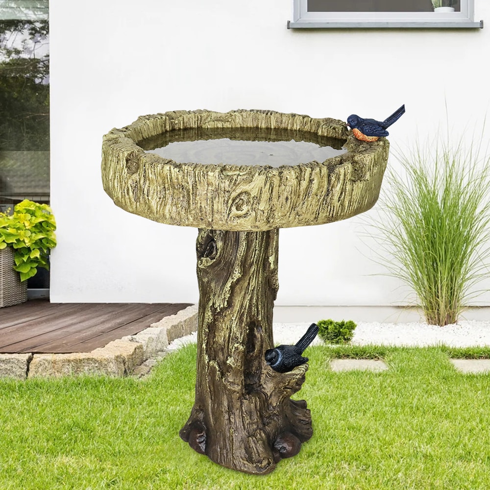 SunJet NLS-SJ30013-DXC 23 Inch High WoodLook Concrete Bird Bath with Decorative Faux Bird Birdbath Rustic and LongLasting Design Enhances Garden Patio Yard Lawn Decor