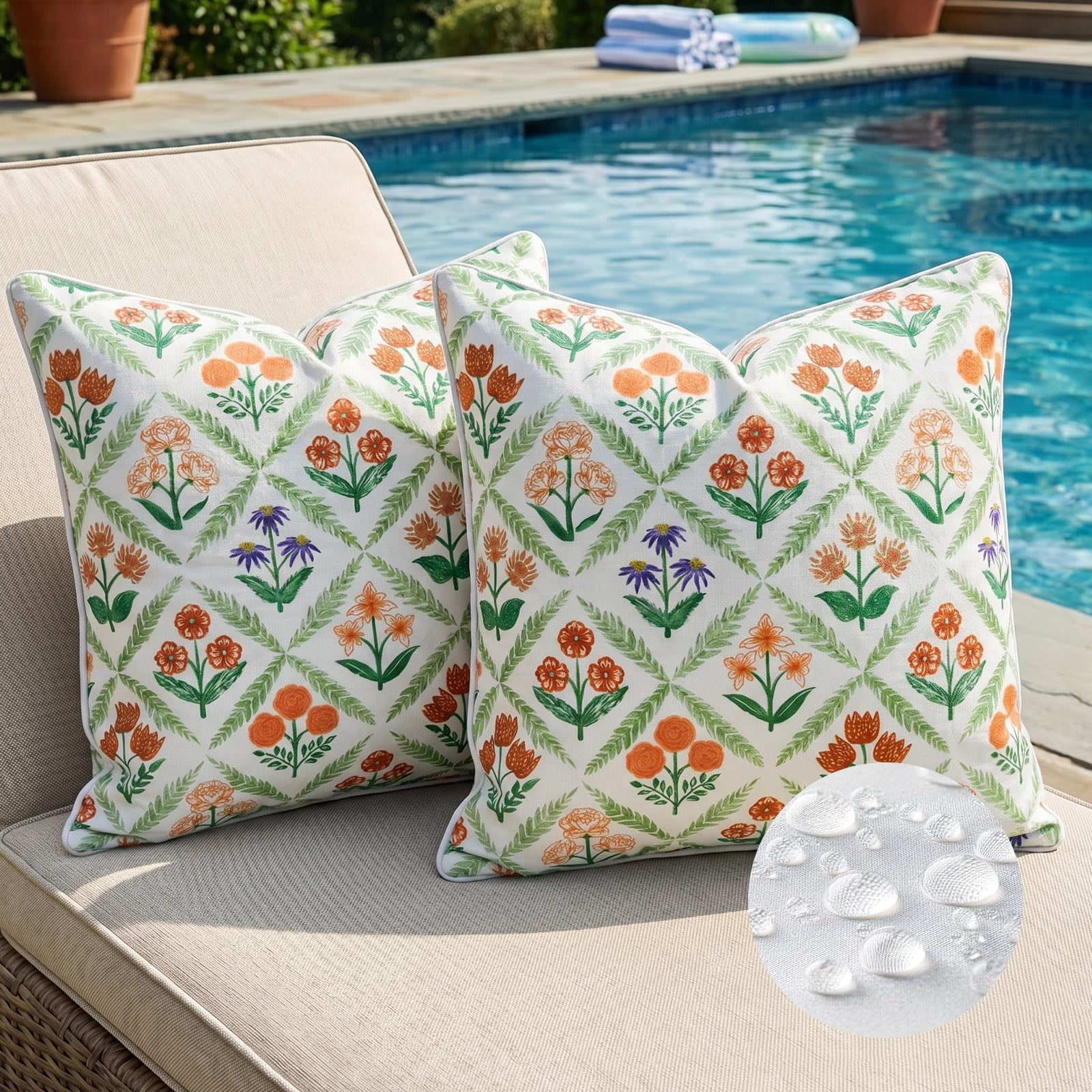 HTQXS Outdoor Throw Pillow Covers Set of 2 18x18 Waterproof Green Block ...